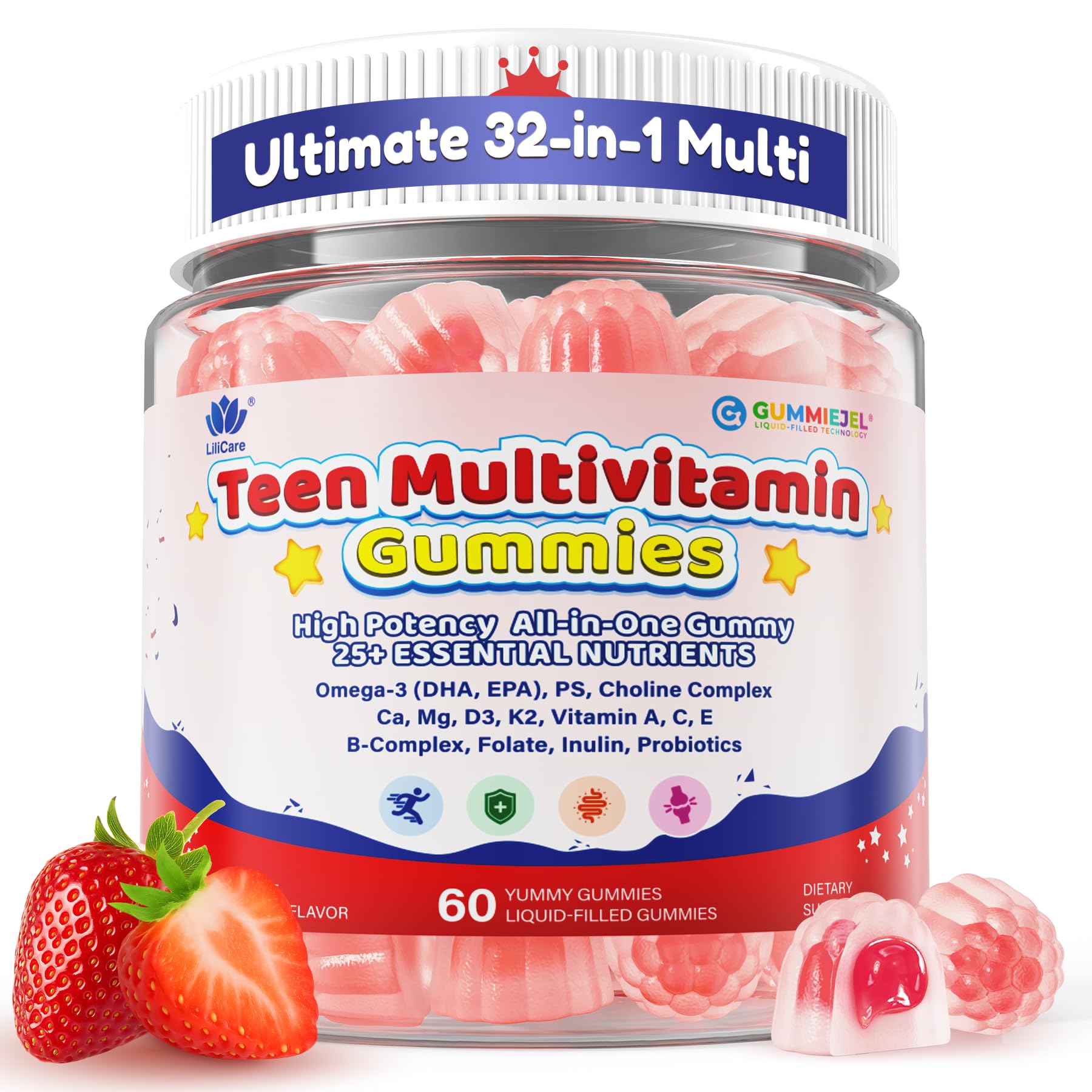 Teen Multivitamin Gummies for Kids 9-11 & Teen Boys Girls 12-17, 60Cts | Methylated Vitamins for Teens with Magnesium, D3K2, Omega-3, Probiotics, for Energy, Bone, Focus & Gut, Sugar Free