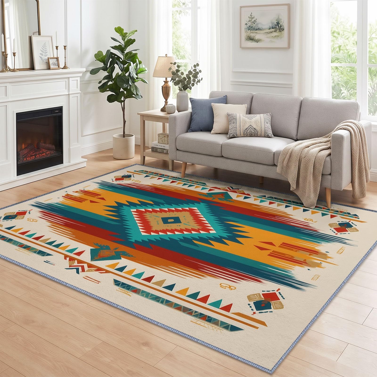 Tappeto azteco lavabile per soggiorno 120 x 170 cm, a pelo basso con bordo geometrico a diamante, antiscivolo, super morbido, per camera da letto, sala da pranzo, corridoio, salotto, ufficio