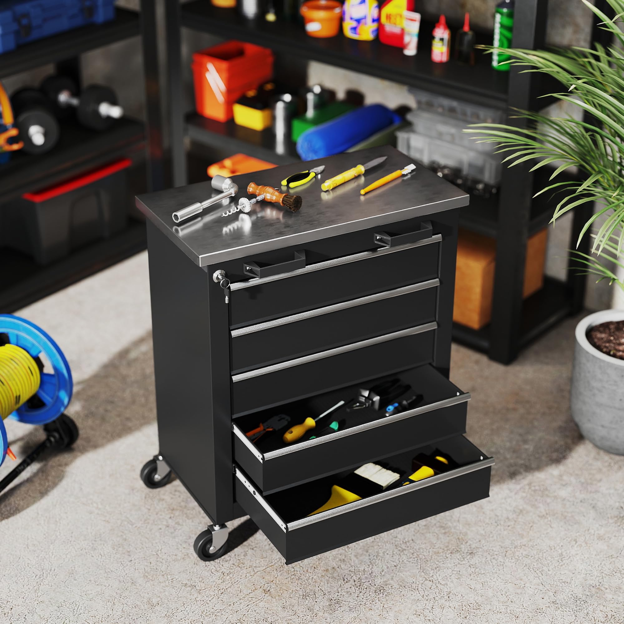 HOMCOM Carro de Herramientas con 5 Cajones y Cerradura, Carro de Taller con Ruedas con Freno, Encimera de Acero Inoxidable, Caja de Herramientas con Conectores Laterales para Garaje, Negro y Plata