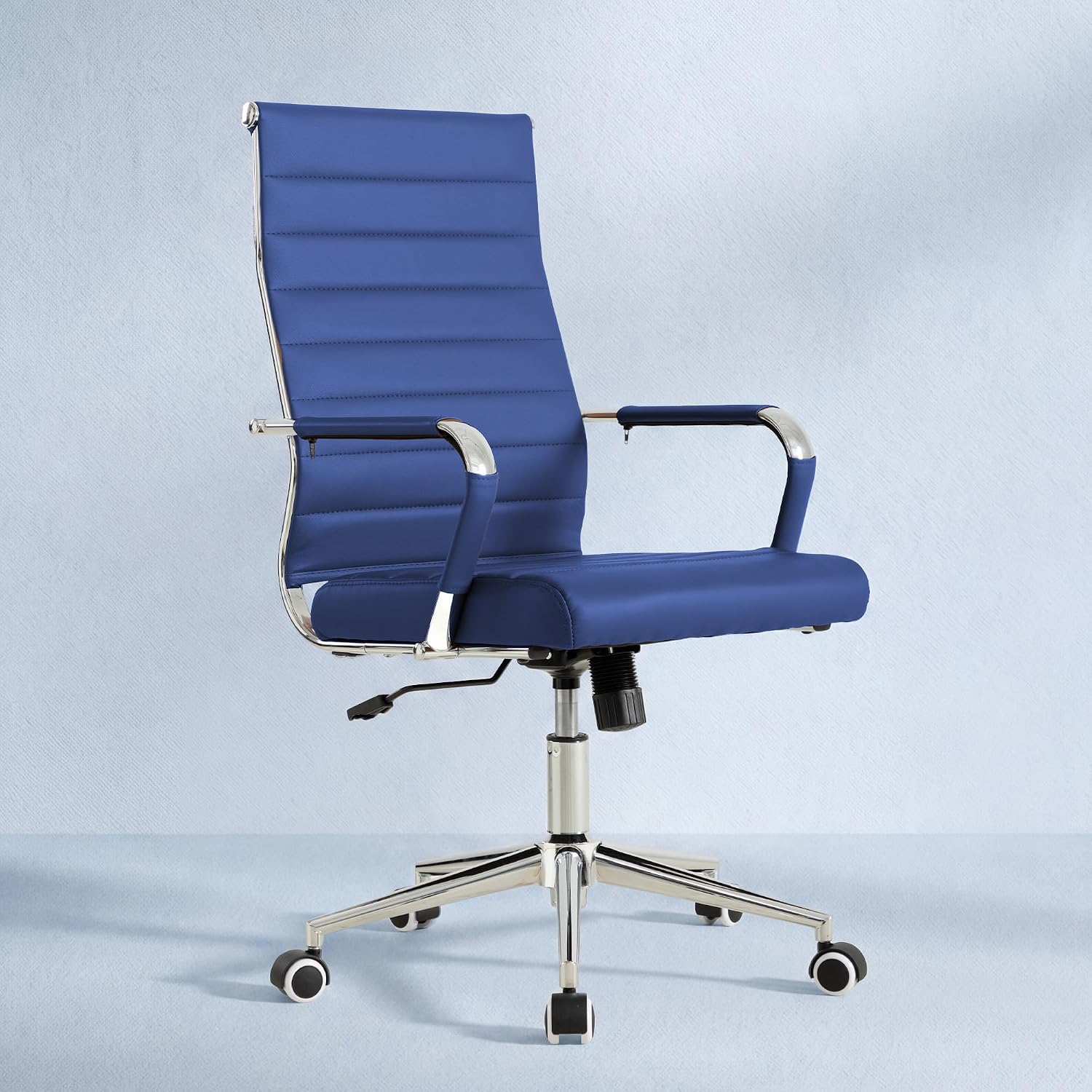 Okeysen Navy Blue Office Desk Chair, Ergonomic Leather Modern Conference Room Chairs, Executive Ribbed Height Adjustable Swivel Rolling Chair for Home Office.