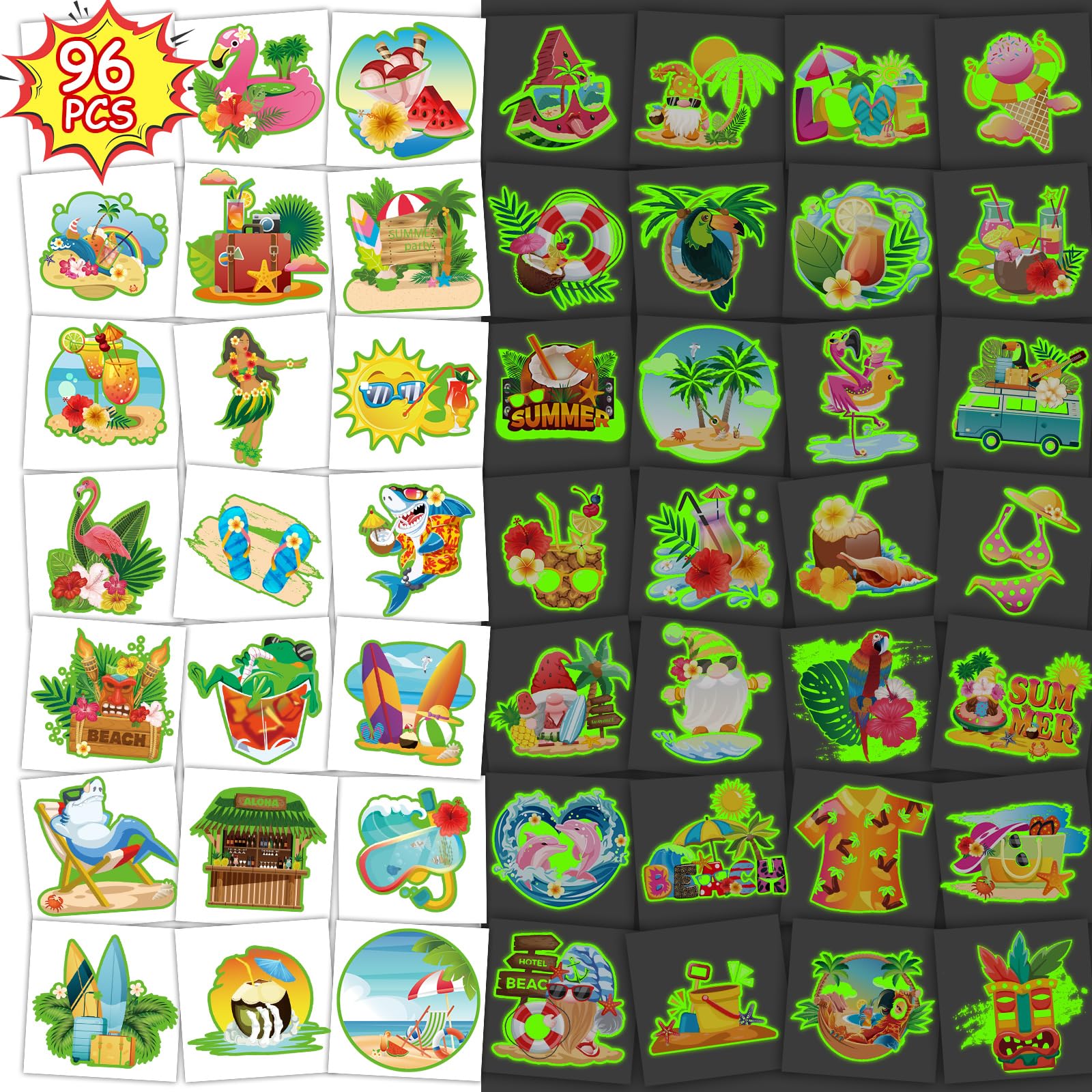 Konsait24 Sheets Glow In The Dark Tattoos Summer Temporary Tattoos For Kids, Summer Party Favors Luau Tattoos Fake Tattoos Hawaiian Tattoos For Kids Adult Tropical Decor Blacklight Kids Tatoos