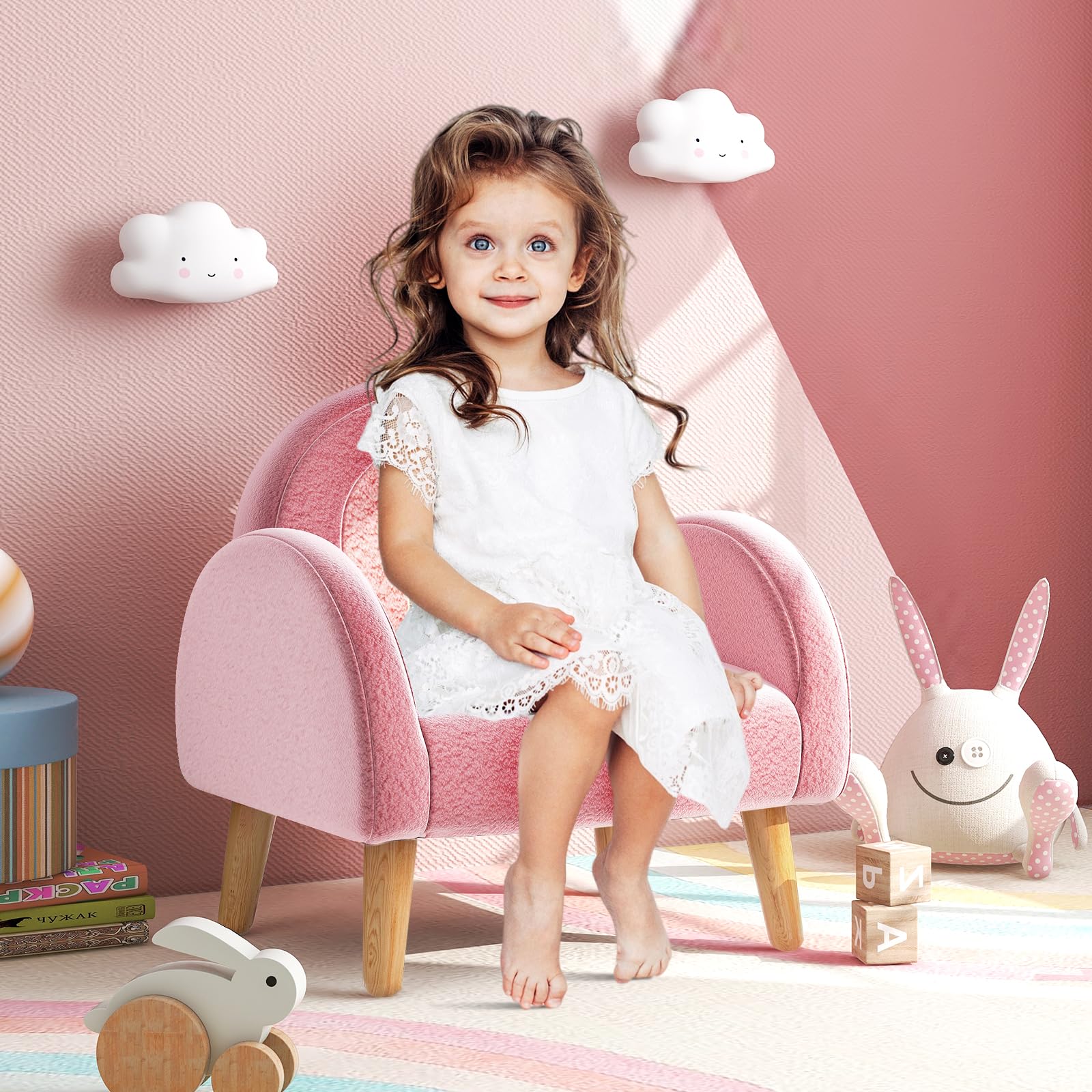RELAX4LIFE Poltrona per Bambini, Divano per Bambini in Tessuto di Velluto con Imbottitura in Schiuma, Sedia per Bambini in Legno per Sala Giochi, Camera da Letto, Soggiorno (ROSA)