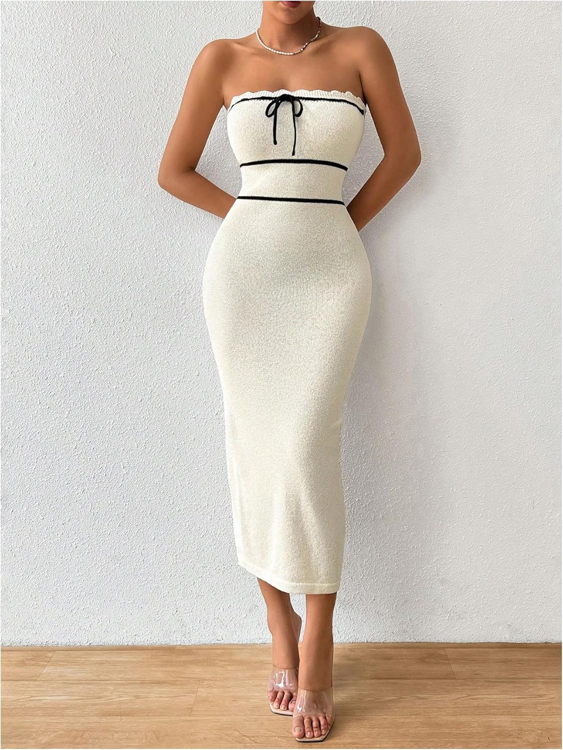 Floerns Women's Elegant Tube Bodycon Dress Bowknot Strapless Rib Knit Midi Dresses - Image 5