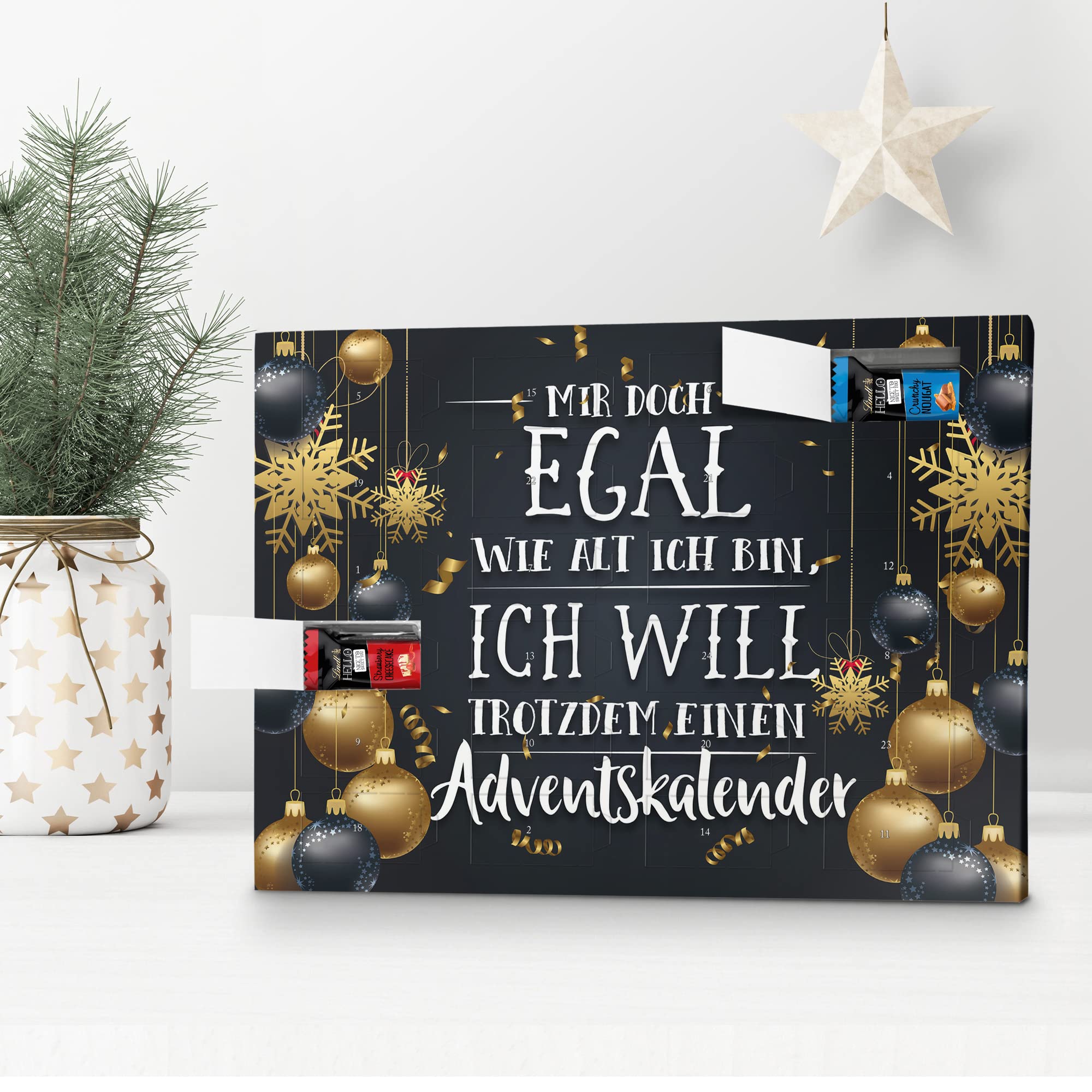 printplanet - Lindt Hello Adventskalender mit Spruch und Füllung in 4 Sorten - Mir doch Egal wie alt ich Bin, ich Will trotzdem einen Adventskalender - 2025