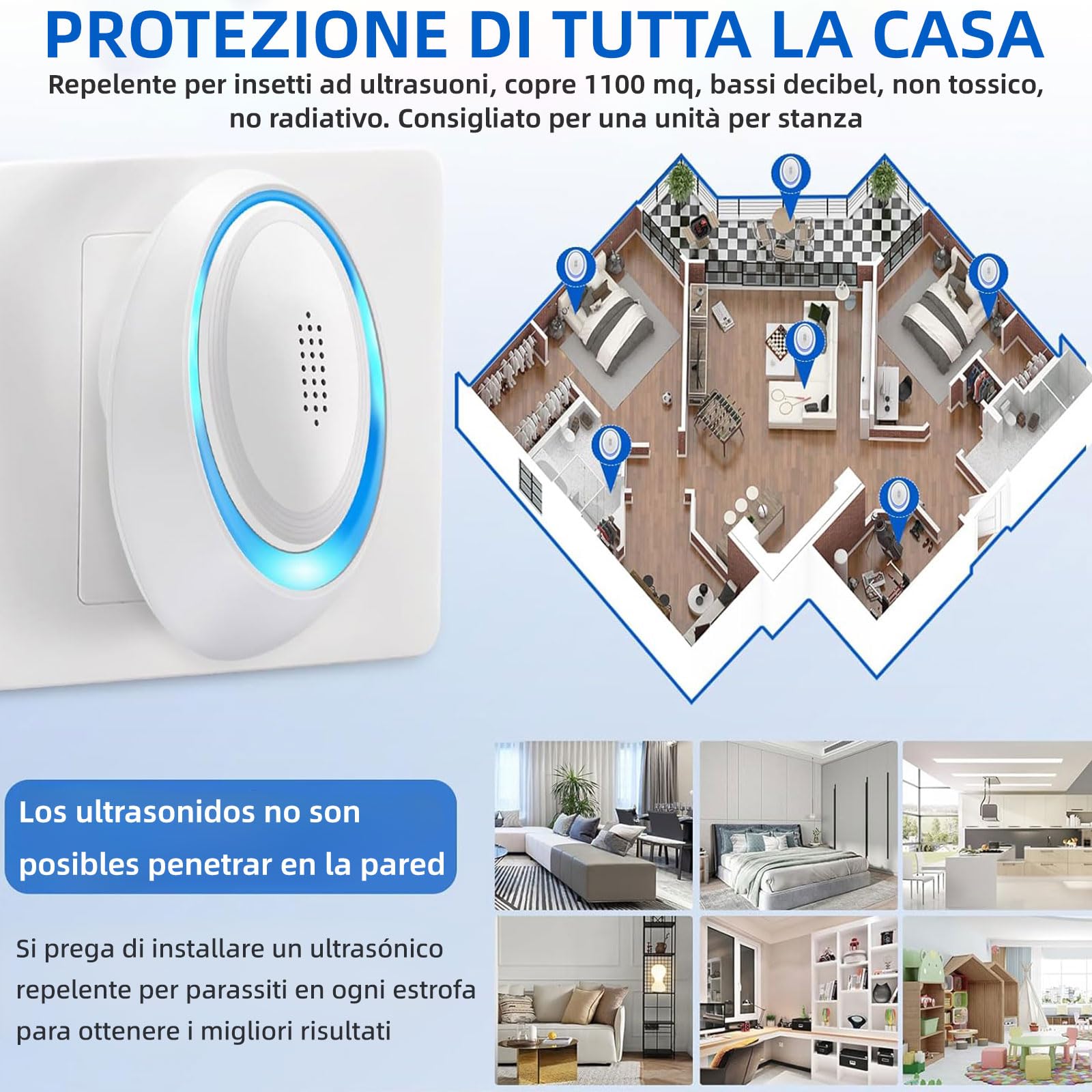 Repelente Ultrasónico de Plagas 6 Pack Antimosquitos Electrónico para Interiores Roedores Arañas Cucarachas