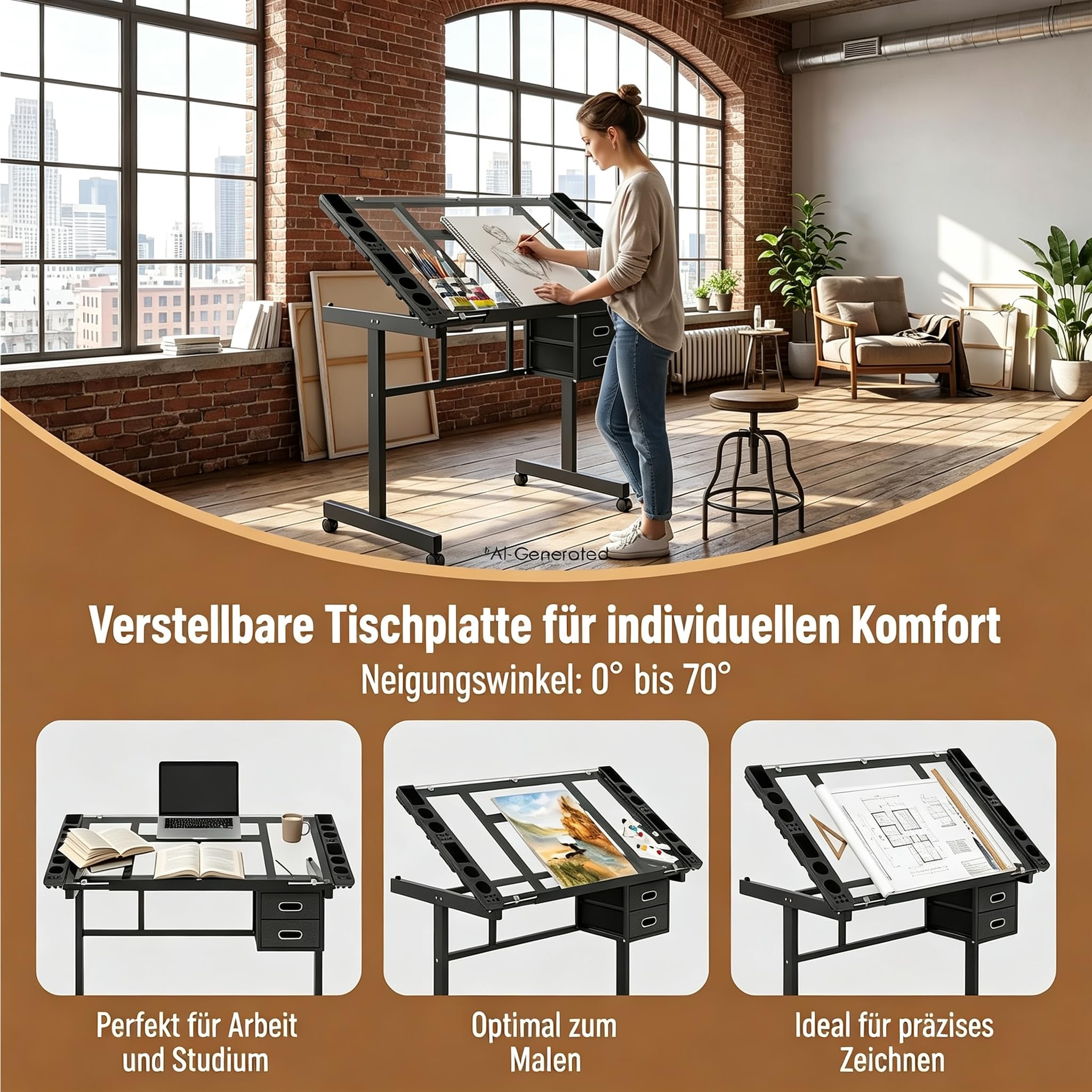Tilt Gehärtetes Glas Zeichentisch auf Rädern mit 2 Schubladen, Schwarz