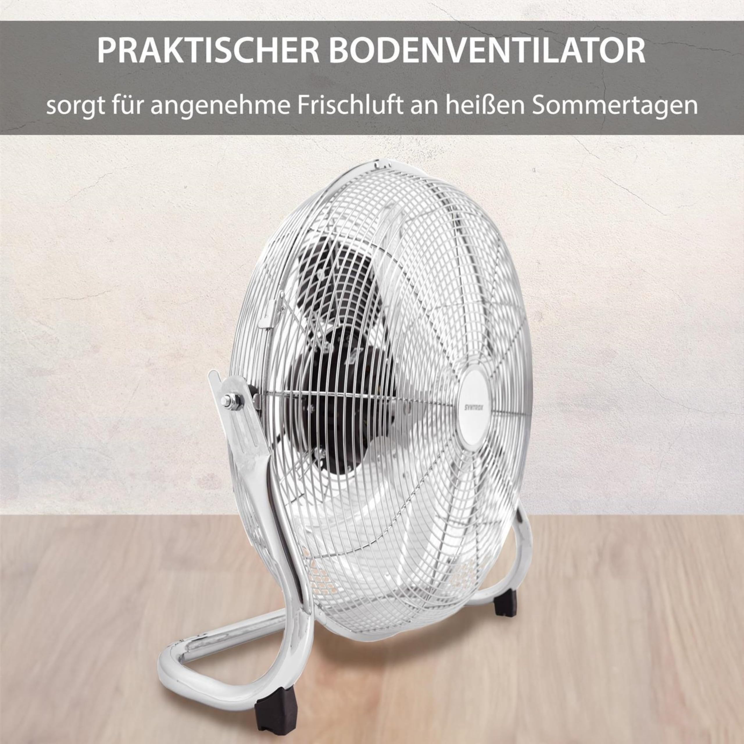 Syntrox Turbo Ventilator Quirbos | Edelstahl Windmaschine | Bodenventilator, 41 cm Rotorblatt, 3 Geschwindigkeitsstufen, 100 Watt, Stabil und standfest