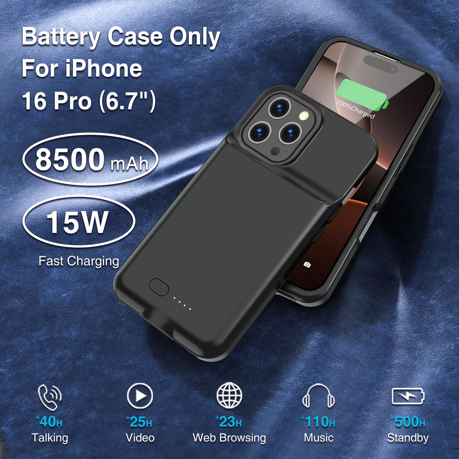 Funda de batería para iPhone 16 Pro, 15 W, carga rápida, 8500 mAh, ultradelgada, ligera, potente, recargable, anticaídas, caja de carga para iPhone 16 Pro (6.3 pulgadas), color negro