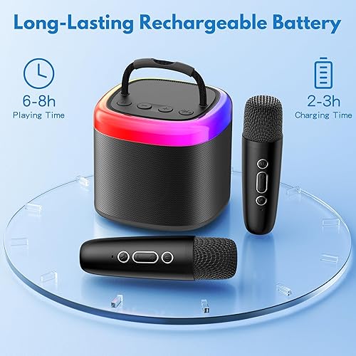Miniatura 7 de JYX Mini máquina de karaoke, altavoz portátil de karaoke Bluetooth con 2 micrófonos inalámbricos y luces de fiesta para niños y adultos, regalos de