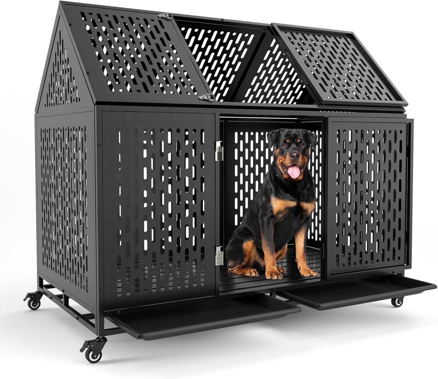52 Inch Heavy Duty Dog Crate Extra Large Dog Cage, Indestructible XXL Dog Crate Kennel with Open Roof Top, Trays and Wheels, Escape-Proof for High Anxiety Giant Dogs