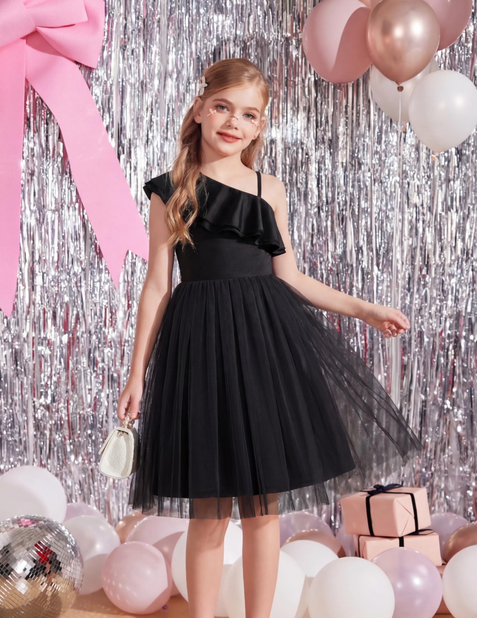 Arshiner Robes pour Filles sans Manches Enfants Encolure Asymétrique Tulle à Fines Bretelles Volants Robe de Cérémonie
