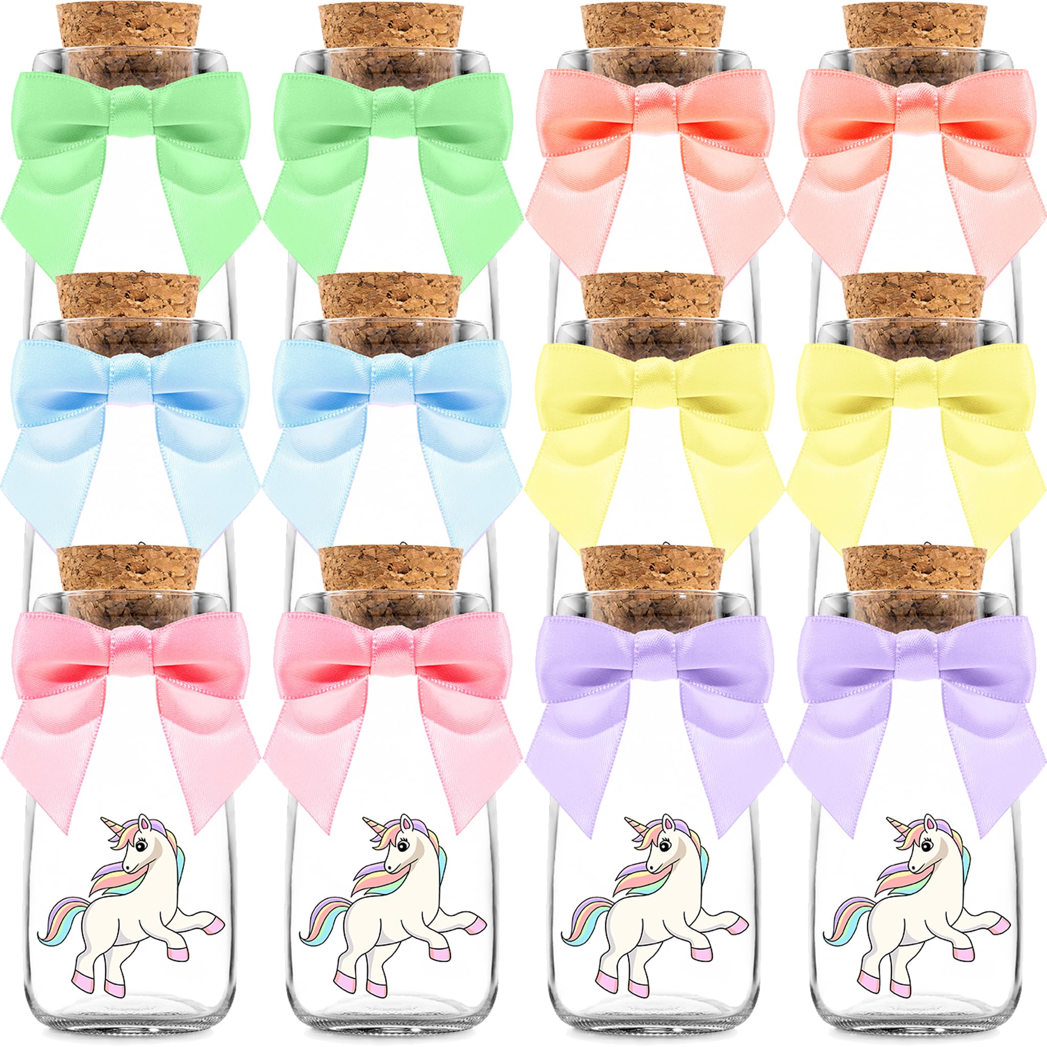 Ethisa 12 Pack Unicorn Party Favor Glass Bottles with Pastel Ribbons - Vintage Birthday Unicorn Party Favors for Girls and Table Centerpieces Decorations - Sturdy Rainbow Theme Candy Jar