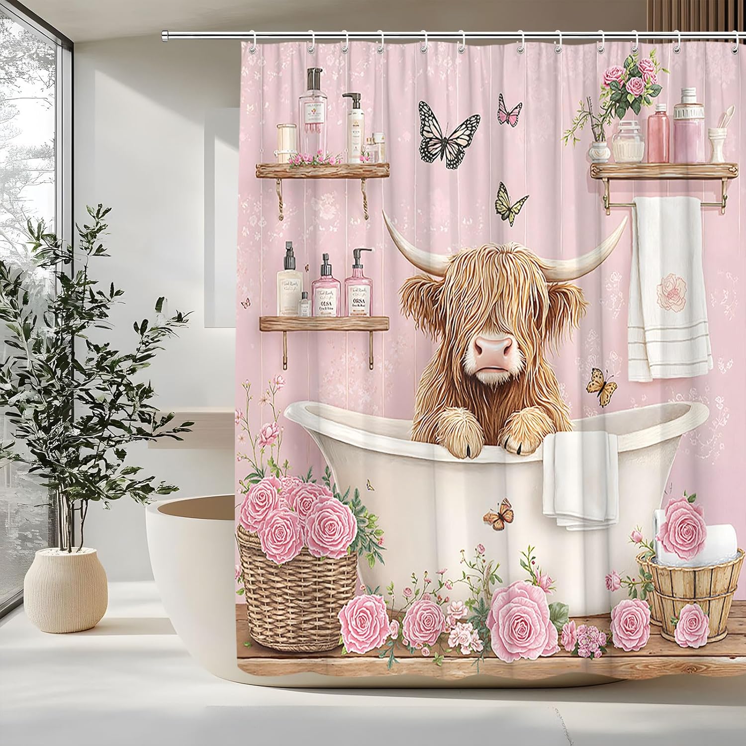 Funny Highland Cow Shower Curtain Farmhouse Farm Animal in Bathtub is Taking Bath Cattle Bull Western Wildlife Rustic Pink Flower Modern Floral Decorative Curtain with Polyester Fabric