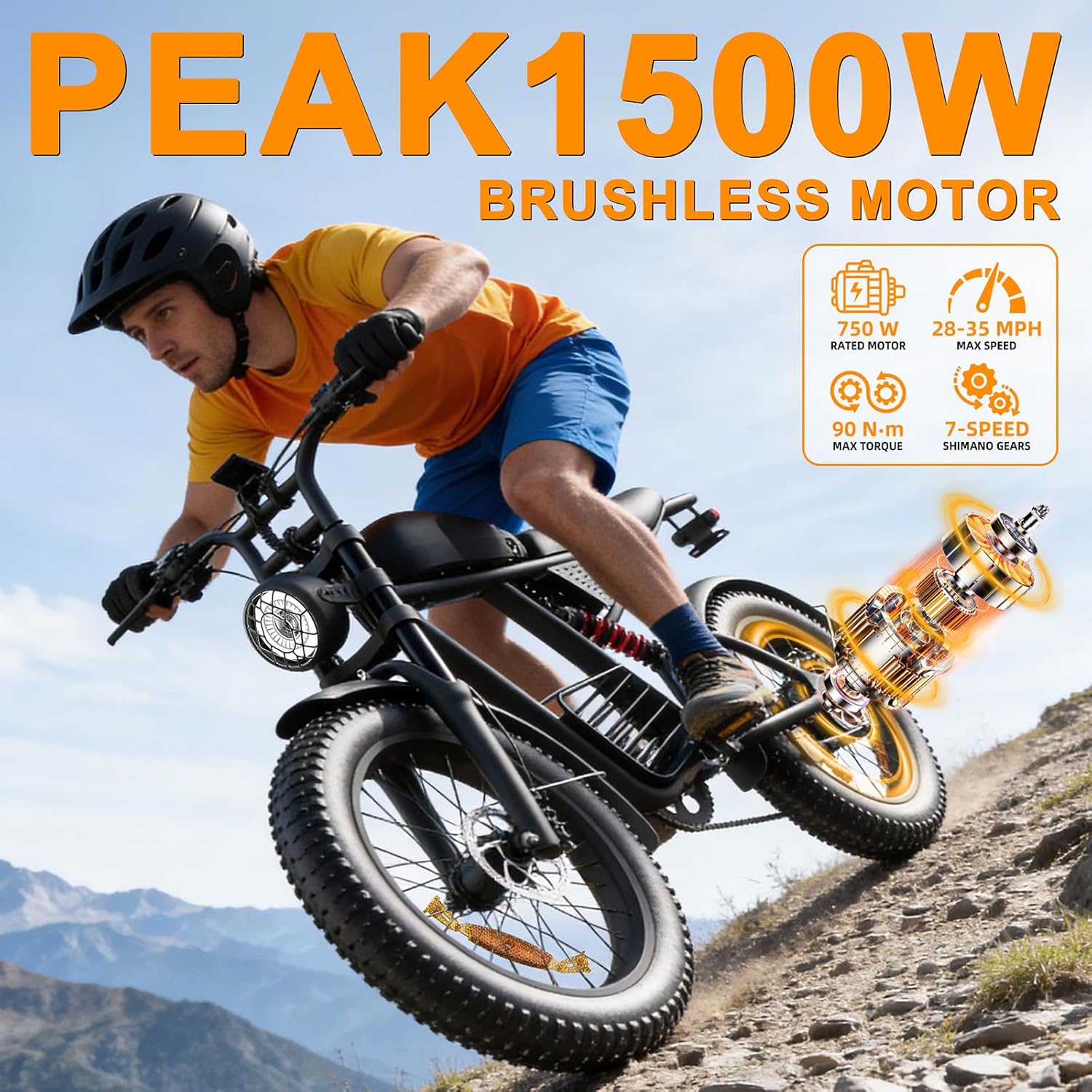 Ebikes for Adults,1500W Peak 90Nm High Torque Motor, 48V 20Ah Battery 70 Miles Range, 20"x4" Fat Tire Ebike for Beach, Snow & Mountain Off-Road, 35° Climbing
