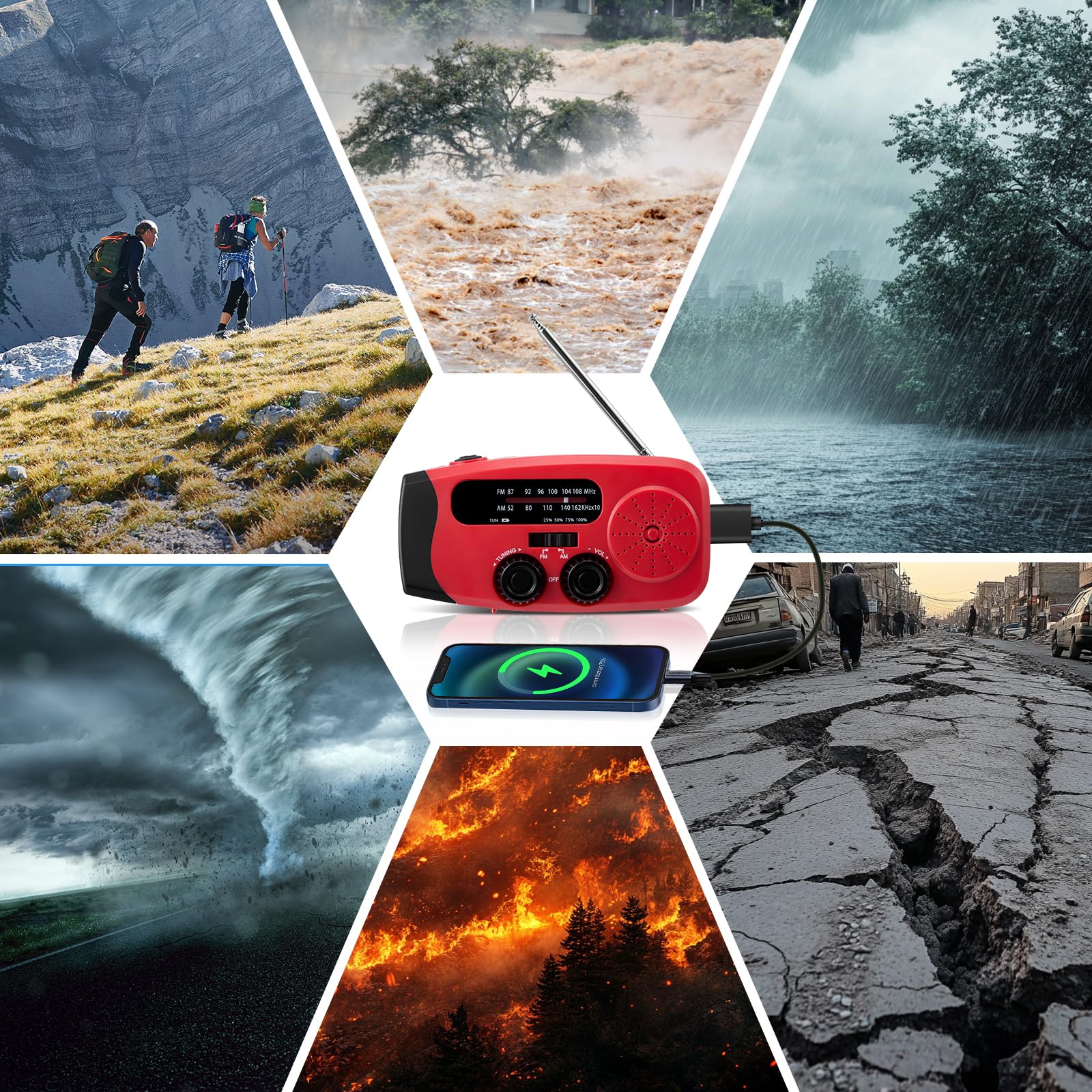 Radio Solaire d’Urgence, AM/FM Portable Radio Dynamo avec Lampe de Poche LED, Batterie 2000mAh,Radio à Manivelle, Idéal pour Camping, Randonnée, Panne de Courant et Kit de Survie