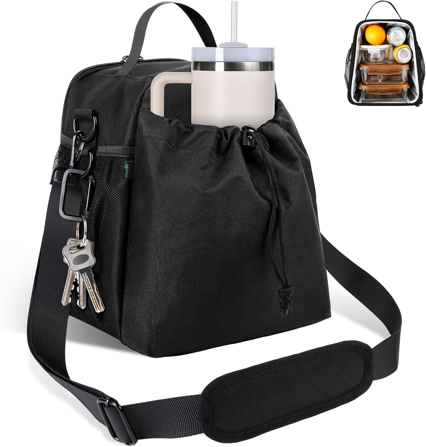 Insulated Lunch Bag with Adjustable Shoulder Strap, Portable Lunch Box with Water Bottle Holder Compatible with 30/40 oz Cups, Reusable Leak-proof Tote Bag for Office Work Picnic, Black