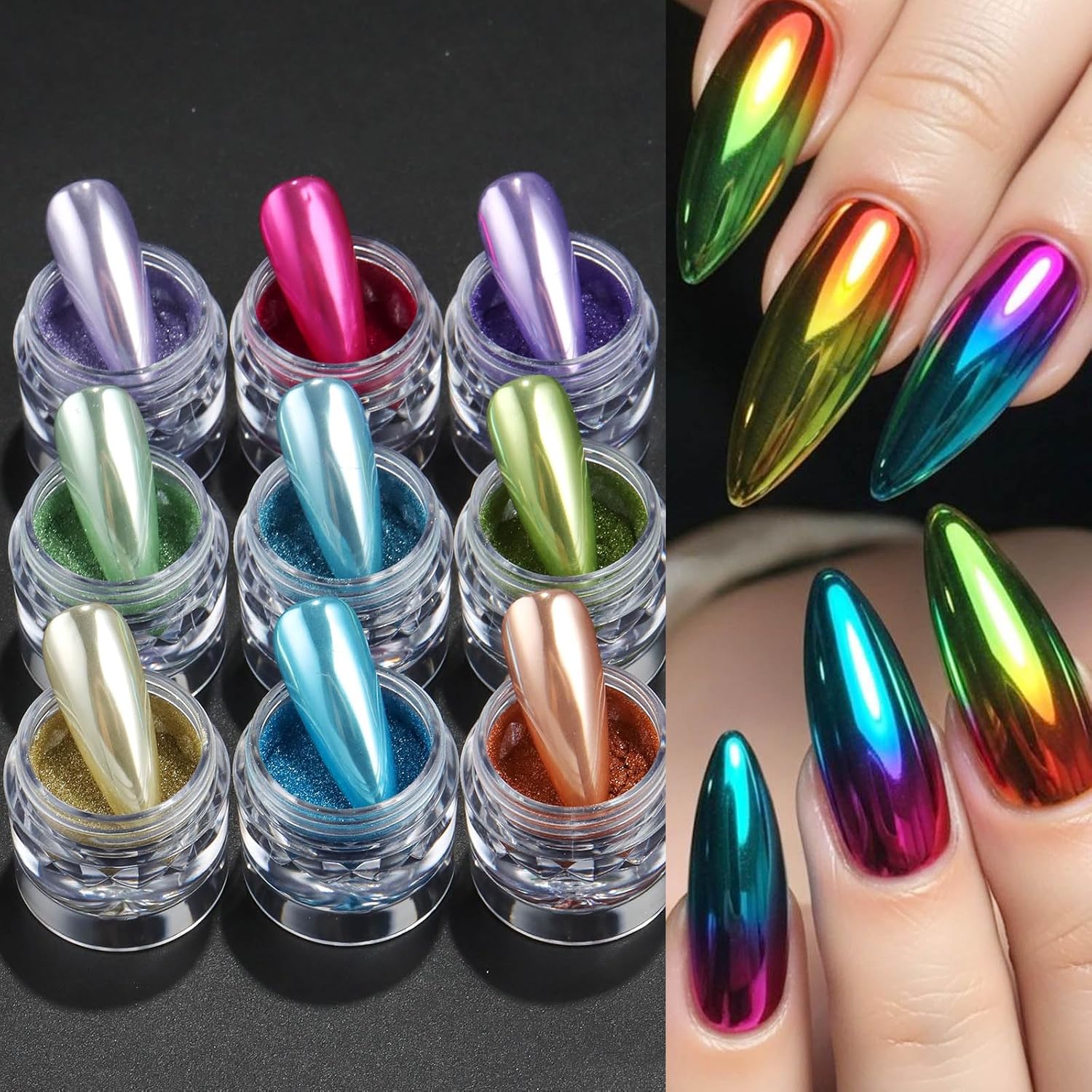 Chrome Mirror Effect Nail Powder Set, 9 Colors Metallic Pearlescent Nail Glitter Pigment with Applicators, Holographic Dopamine Rainbow Iridescent Dust Professional Nails Gel Polish Manicure Art Kit