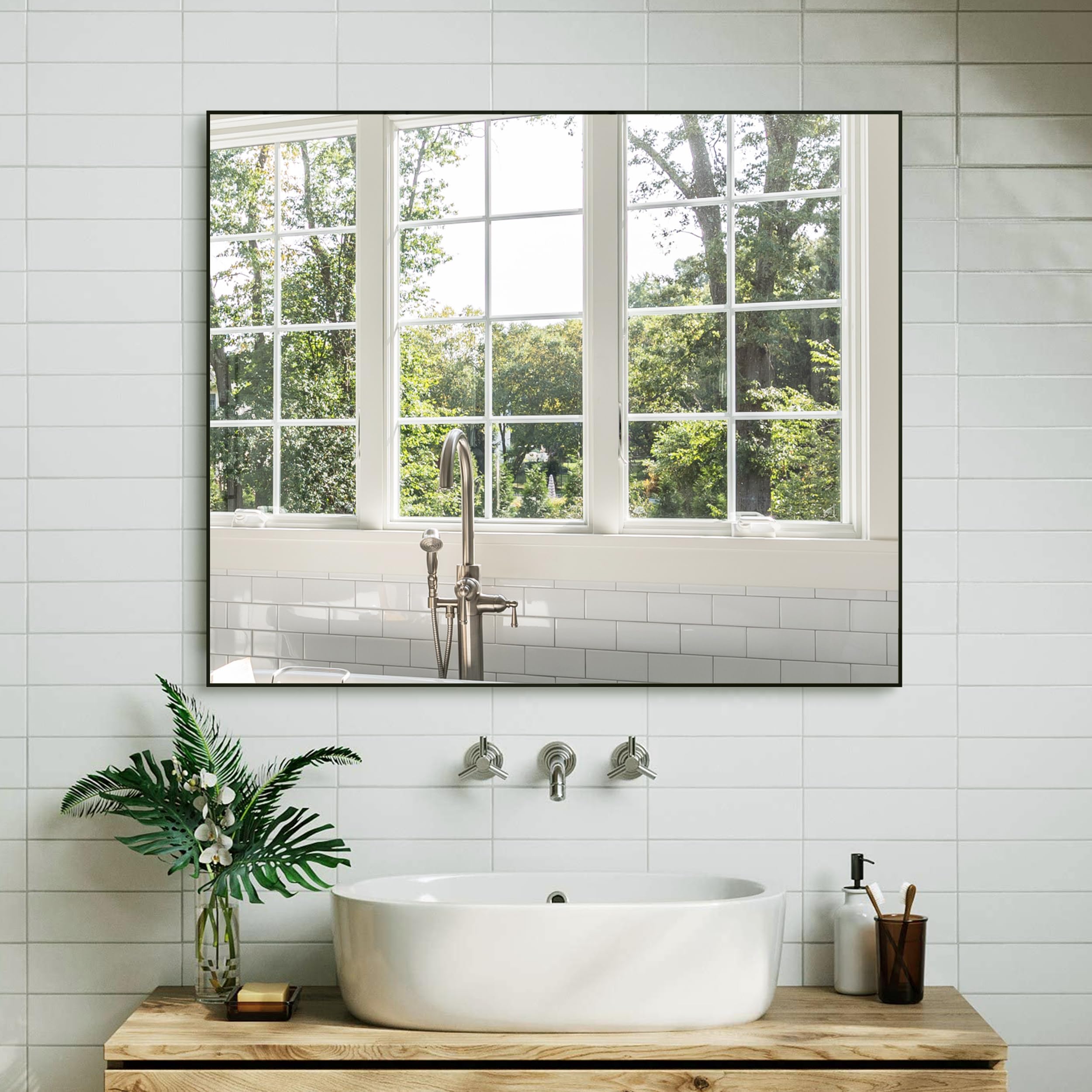ANYHI Rectangle Wall Mirror for Bathroom Entrace Bedroom, 36 x 30 Inch Black Metal Framed Mirror, Modern Black Bathroom Mirror for Wall, Wall Mounted Horizontally/Vertically