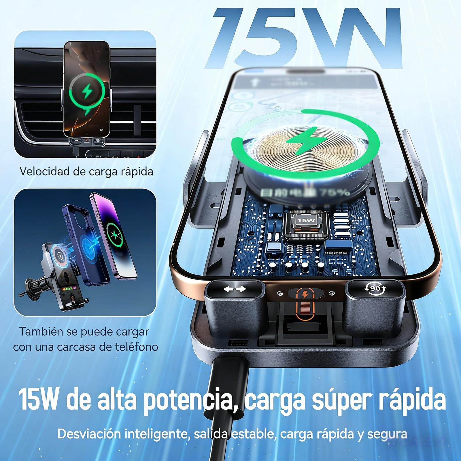 Nuevo Soporte de Carga Rápida Inalámbrica para Coche 2026, Rotación Motorizada de 90°, Sujeción Automática, 15 W, Compatible con Múltiples Potencias de Salida (Negro)