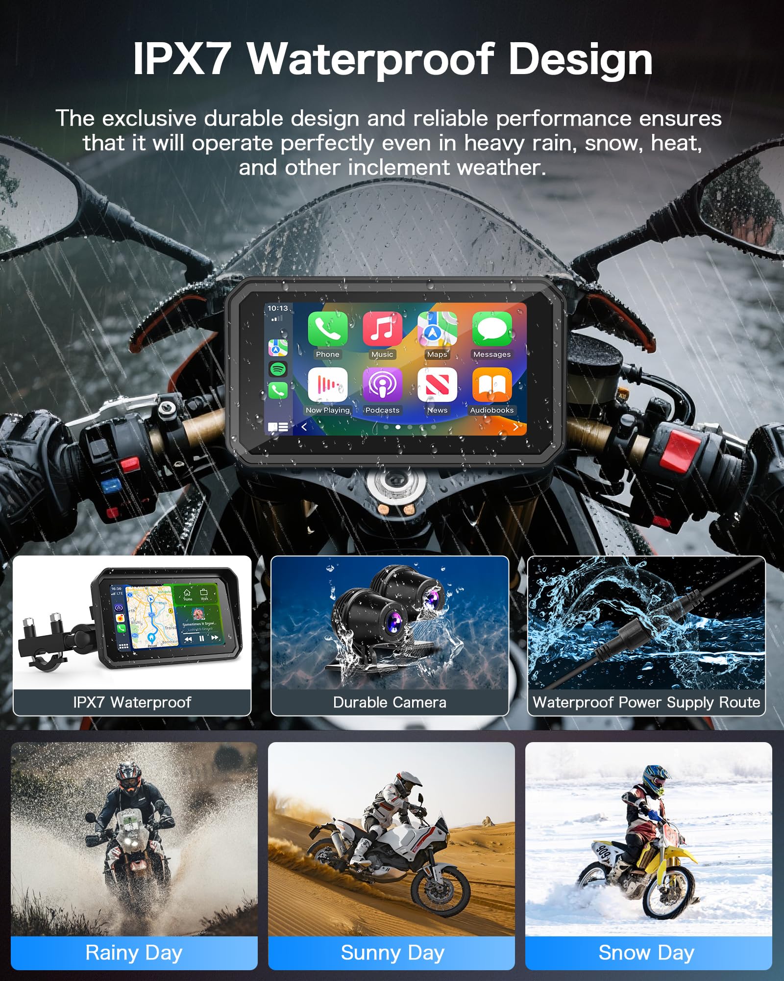 Jansite 4K Motorrad CarPlay Android Auto 6,25 Zoll Motorrad Navi mit Dashcam Vorne Hinten, IP67 Wasserdicht Bildschirm, Dual-Bluetooth,Siri/G-oogle Assistant
