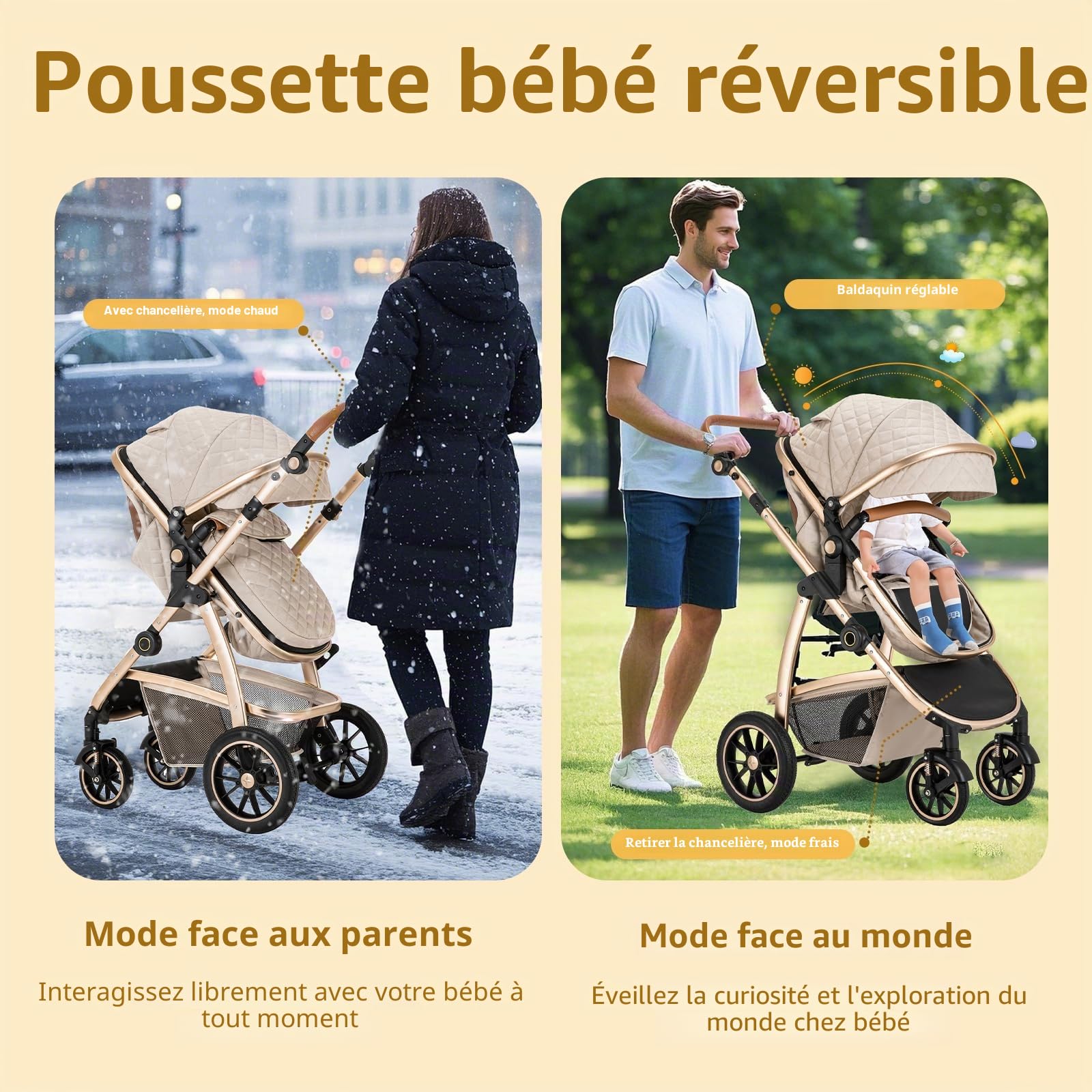 3 en 1 Poussette Combinée, Poussettes Citadines Avec ECE R129 Siège Auto, Poignée Réglable en Hauteur Poussette Bébé, Châssis en Aluminium Haute vue Poussette pour Nouveau (22KG, 0-4Ans)
