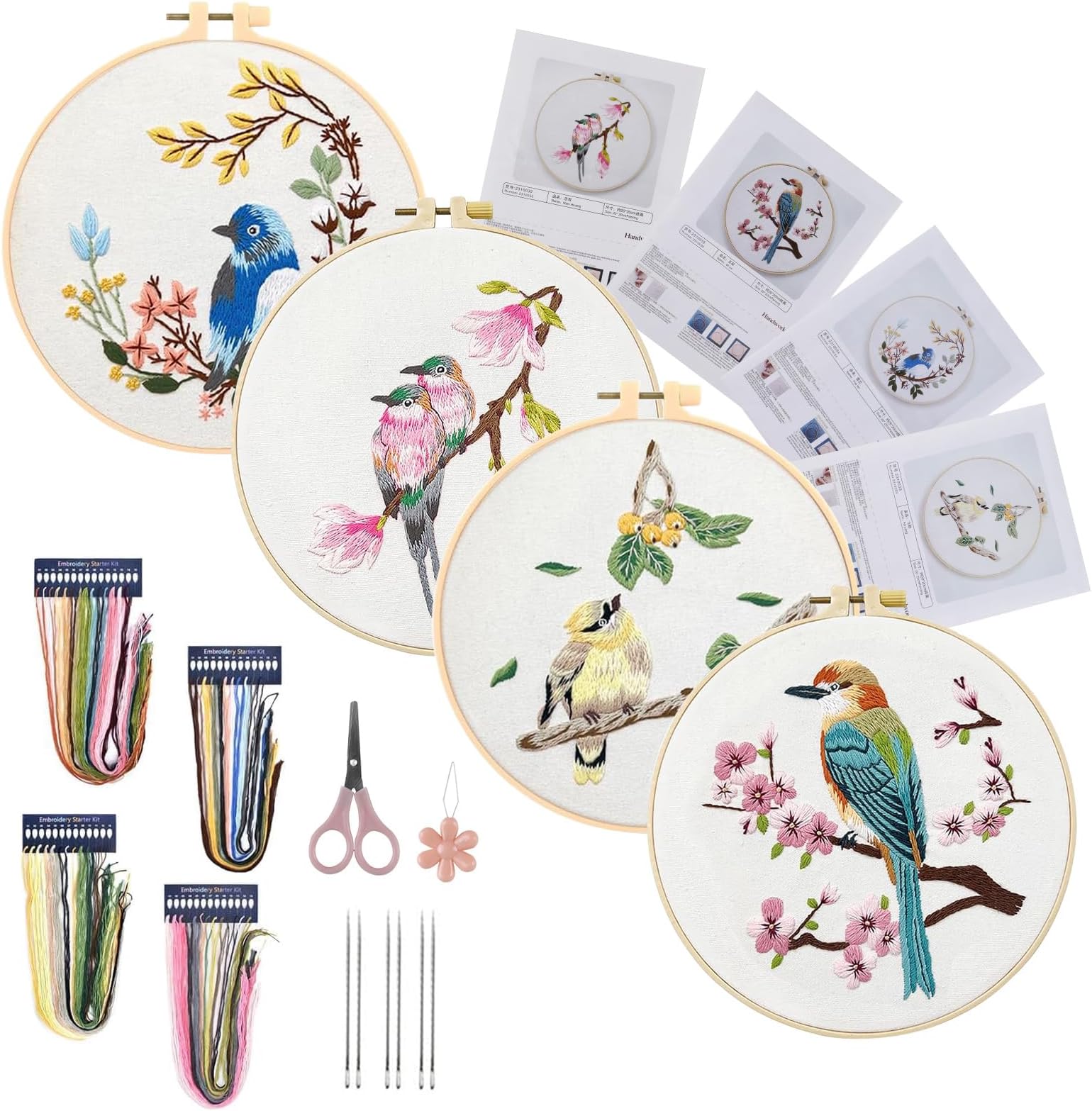 4 Sets Embroidery Kit for Beginners, Art Craft Handy Sewing Set Hummingbird and Flower Cross Stitch Starter Kits, Hand DIY Embroidery with Patterns Instructions, Easy for the Embroidery Beginners