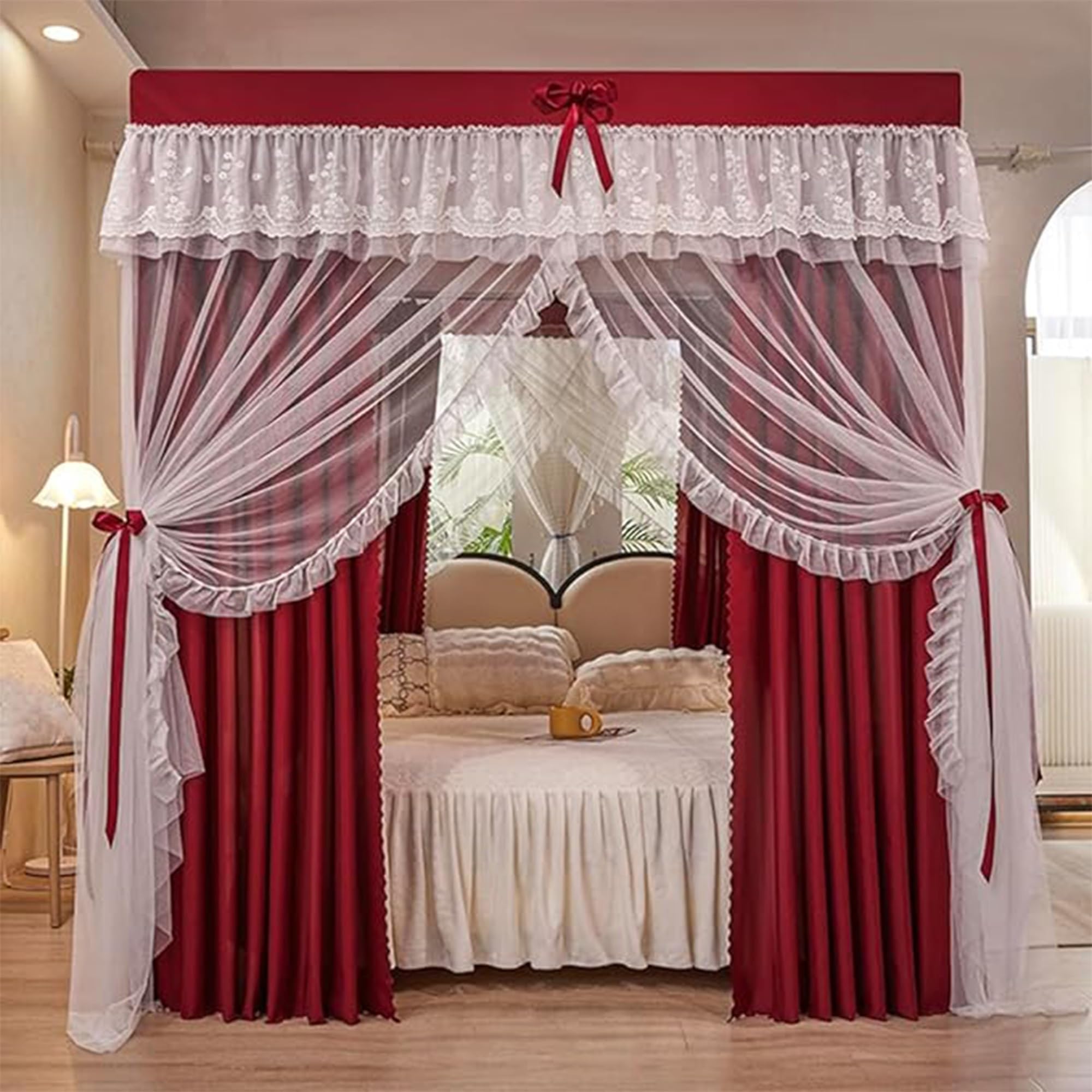 Baldaquin Princesse avec Volants Ciel de Lit Rectangulaire à 4 Ouvertures Moustiquaire Double Couche pour Chambre de Fille Décoration Romantique Doux et Respirant,A,150 * 200cm* Without Stand