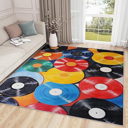Alfombras de disco de vinilo para el suelo, alfombra musical retro, alfombra de 3 x 4, alfombra de área de discos de música colorida, alfombra