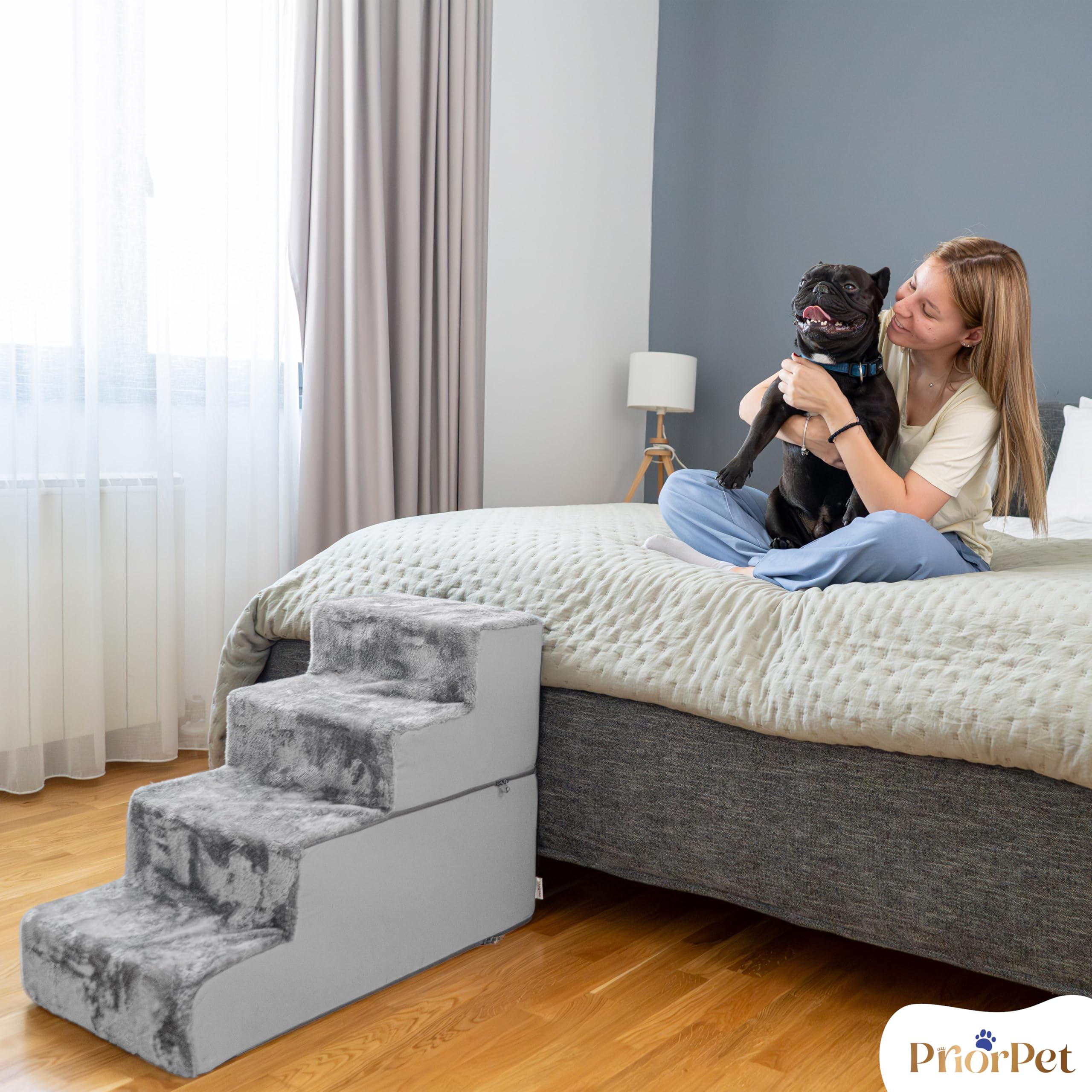 Escaleras Perros Subir a la Cama - Rampa para Perros de 4 peldaños - Escalera para Perros pequeños de Espuma de Alta Densidad de 58 cm - Base Antideslizante - Escalera para Mascotas - Gris Claro