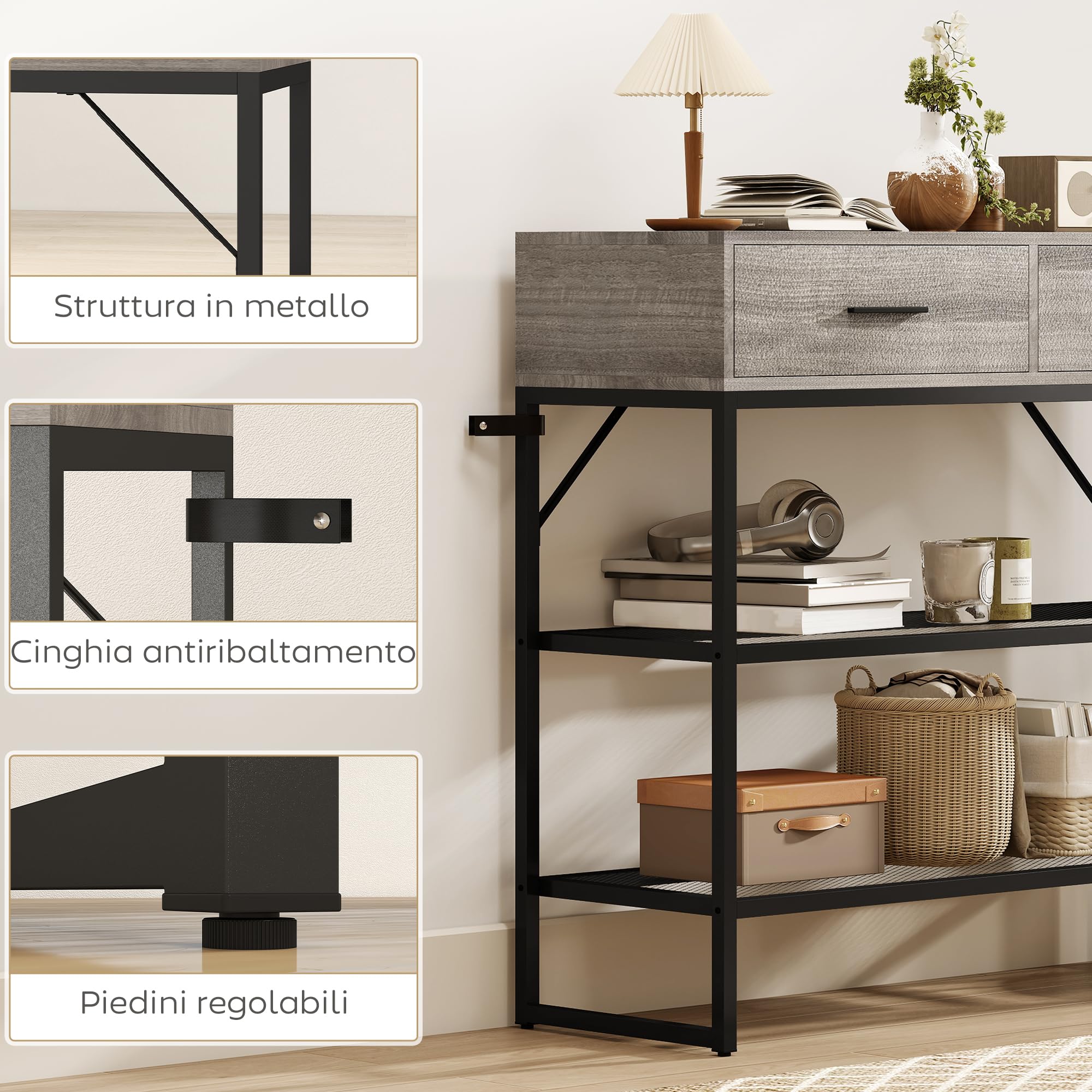 HOMCOM Consolle Ingresso con 2 Cassetti, 2 Ripiani in Rete e Gancio Laterale, Tavolo Consolle in Legno e Metallo, Tavolino Ingresso per Camera da Letto, 100x35x92 cm, Color Legno Grigio Chiaro
