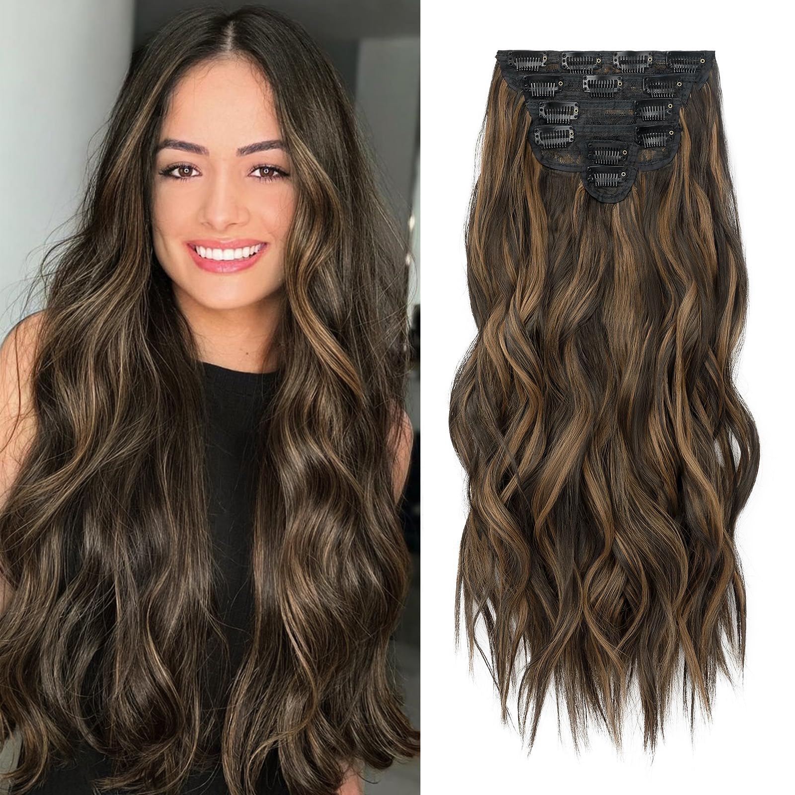 Clip in Hair Extensions, Highlight balayage dark brown Hair Extensions, 6 PCS Hairpieces, Natural & Blends Well (20inch, 6pcs, Dark roasted coffee & Caraamel brown)