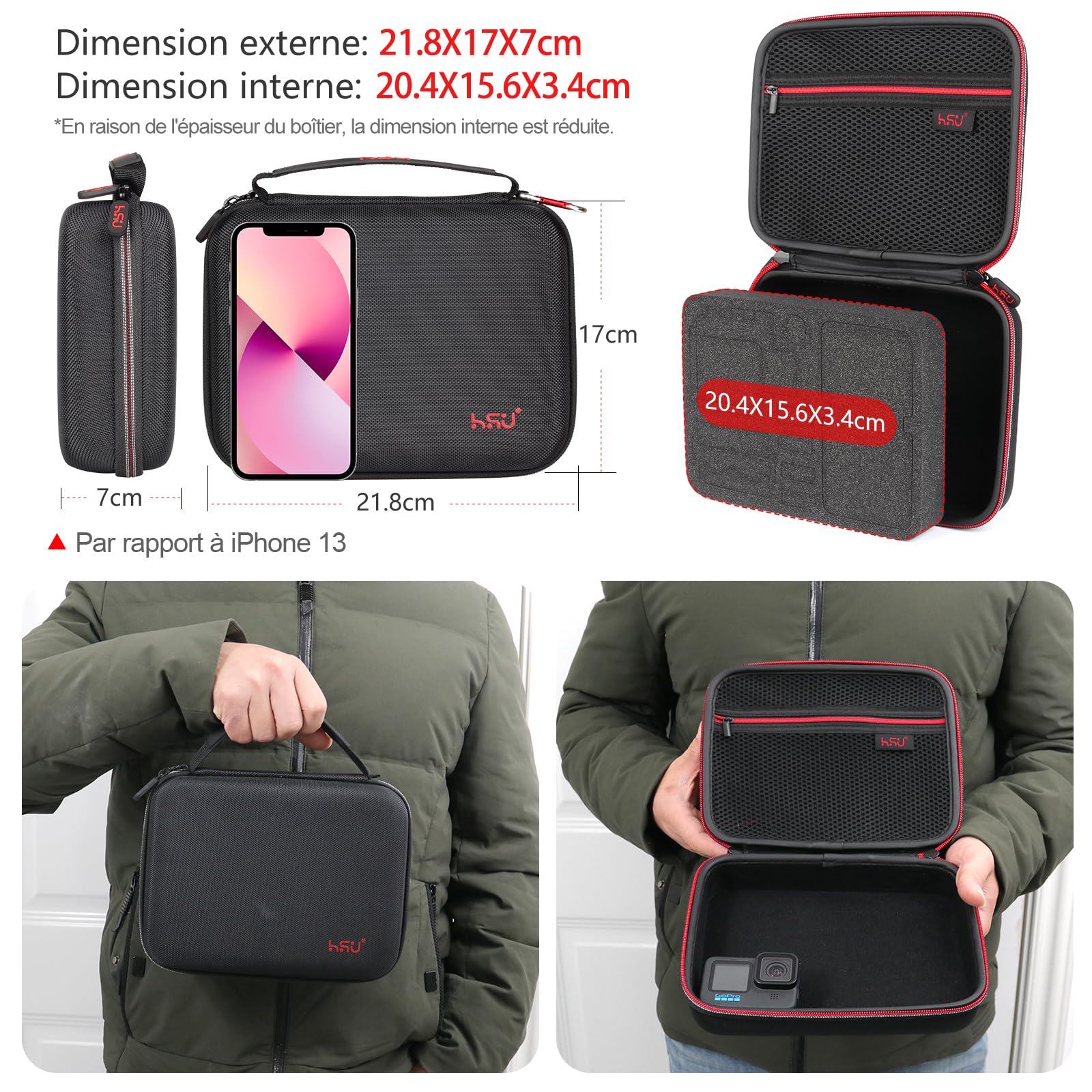 HSU Sacoche de Transport pour GoPro, Sacoche de Voyage Portable étanche pour caméras d'action Hero 12/11/10/9/8/7/6/5/4/3 et Accessoires (Middle)