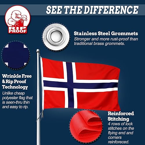 Miniatura 6 de Anley Bandera de Noruega de 3 capas de doble cara a prueba de rasgaduras de 3 x 5 pies, color vivo, cabecera de lona y resistente a las arrugas, las