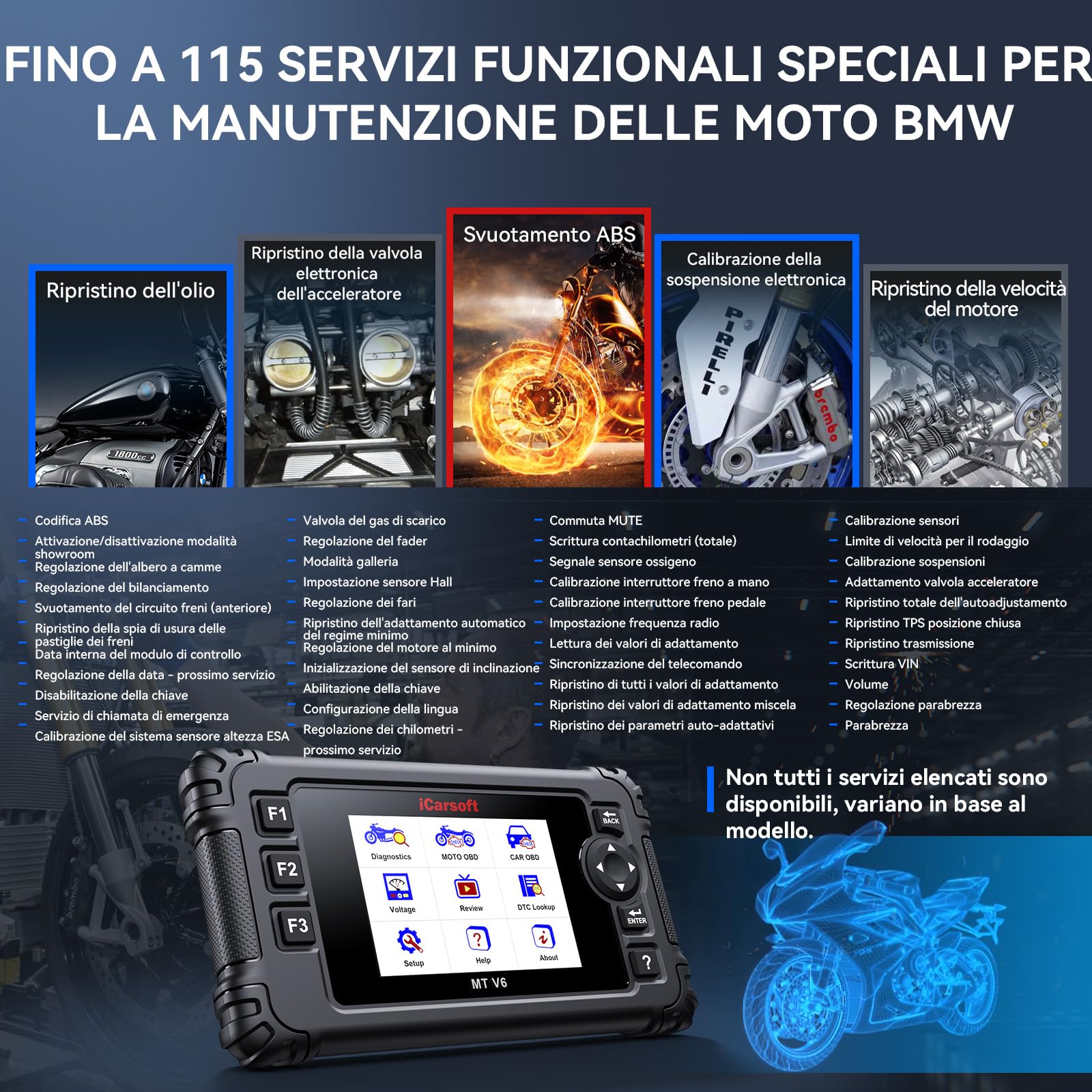 iCarsoft MT V6 per BM.W Moto, Strumento Diagnostico Bidirezionale, OBDII Lettore di Codice Tutti i Sistemi con 115+ Funzioni di Ripristino, Strumento di Scansione per Moto, Test Salute Batteria