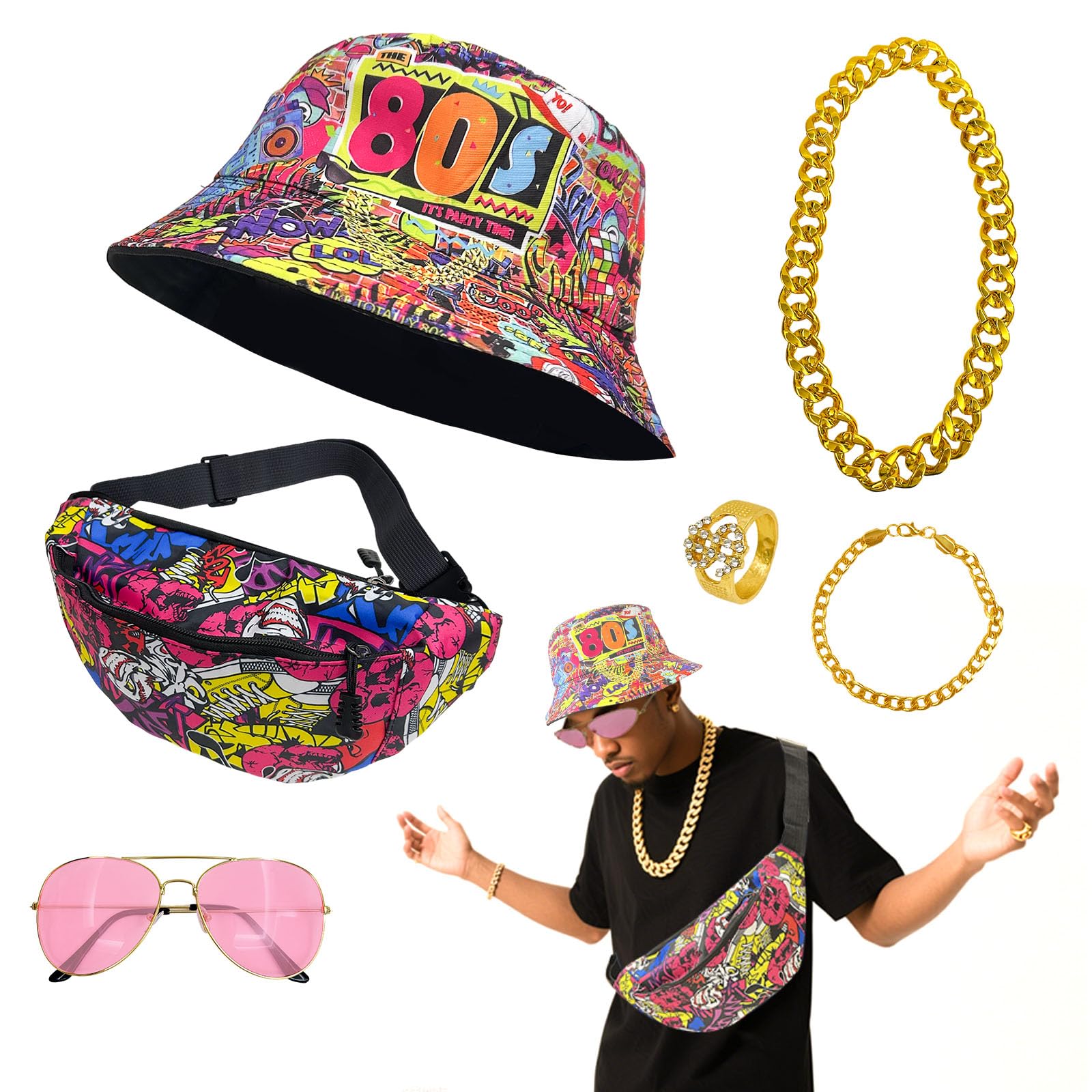 80s 90s Hip Hop Costume Set, Fancy Dress Accessories with Reversible Graffiti Fisherman's Hat, Crossbody Bag