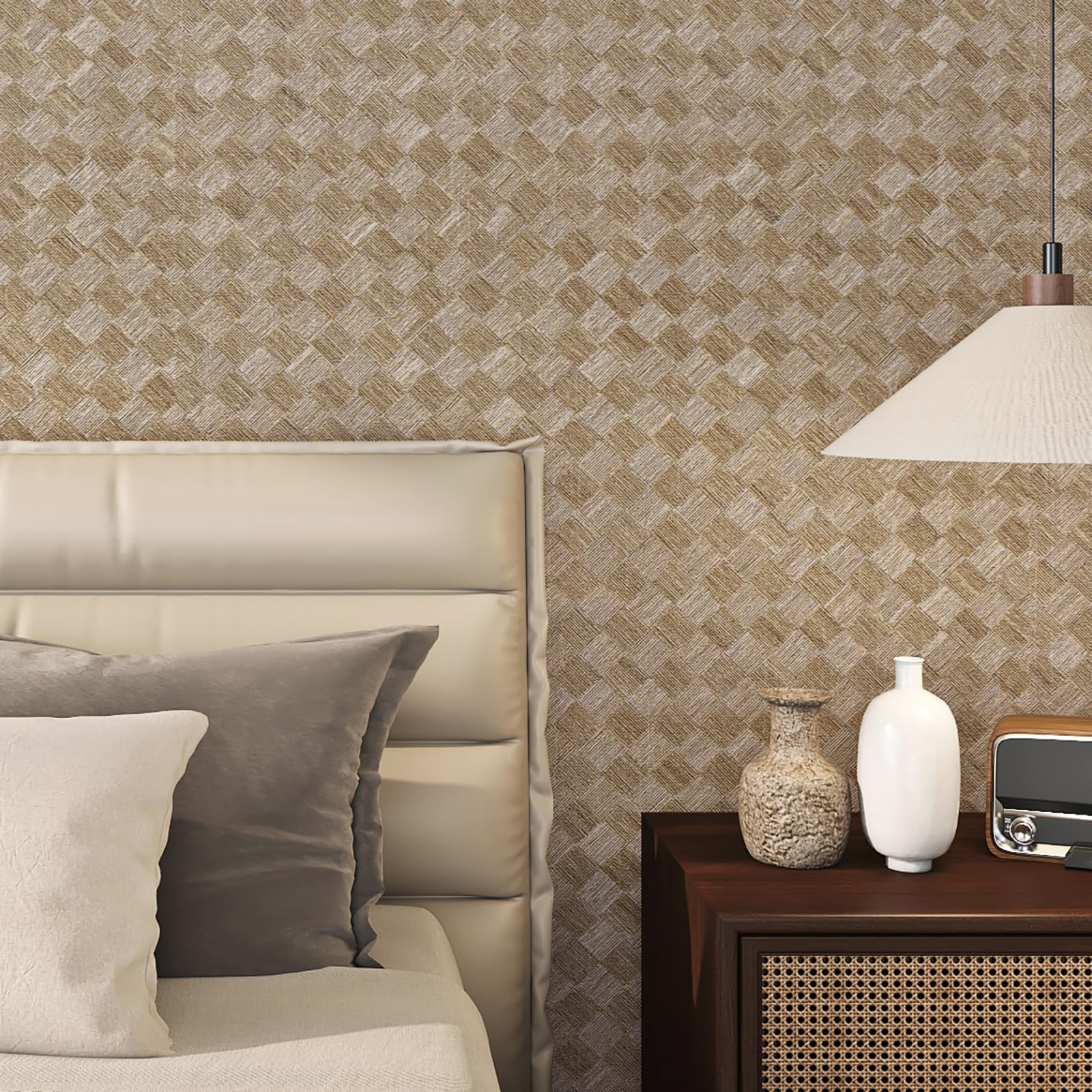 Livelynine Peel and Stick Wallpaper Brown Faux Rattan Weave Look 40CMx10M Stick on Wallpaper Bedroom Living Room Linen Wall Paper Beige Contact Paper for Furniture Sticky Back Plastic Roll Boho Style - Image 2