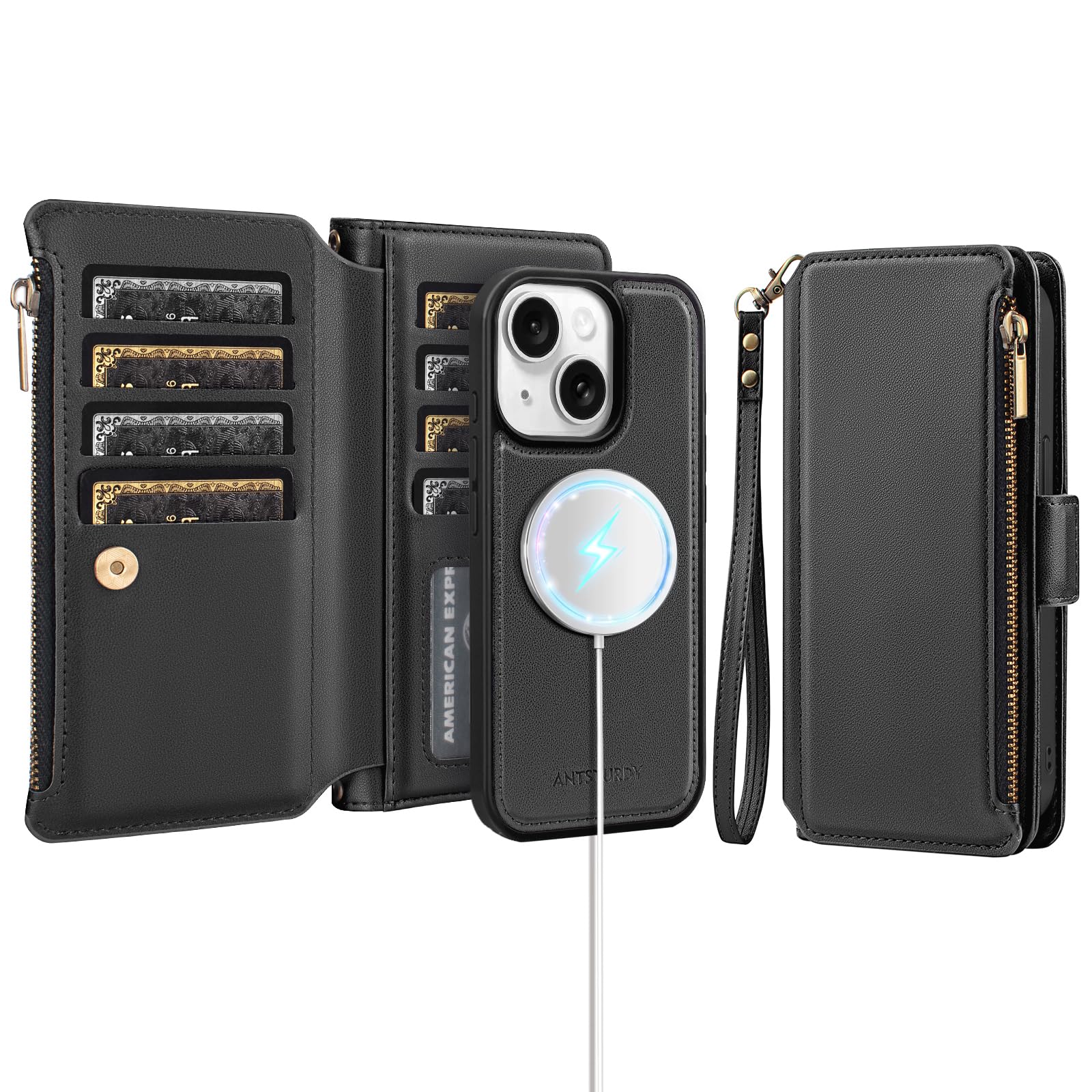 Antsturdy Compatible with MagSafe iPhone 14 Wallet Case,Black | Detachable Magnetic Credit Card Holder,RFID Blocking,PU Leather Zipper Purse,Wrist