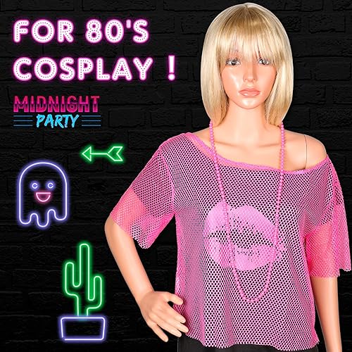 Miniatura 7 de Jadive Camiseta de red de neón de los años 80 para mujer, parte superior de malla, ropa de neón con hombros descubiertos, disfraz retro de discoteca