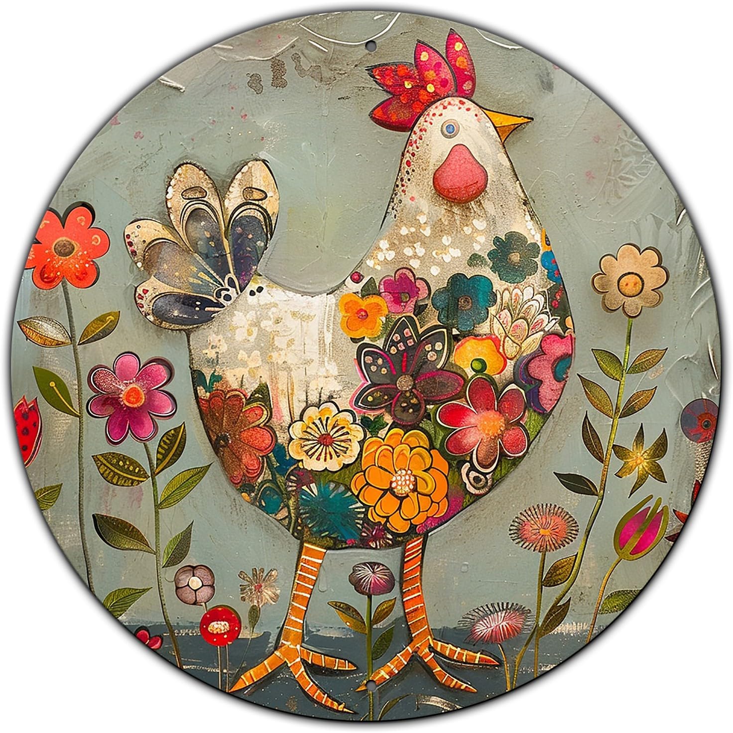 Letrero de metal de pollo y flor, letrero redondo de aluminio para casa de campo, cocina, exteriores, exteriores, decoración de pared de patio