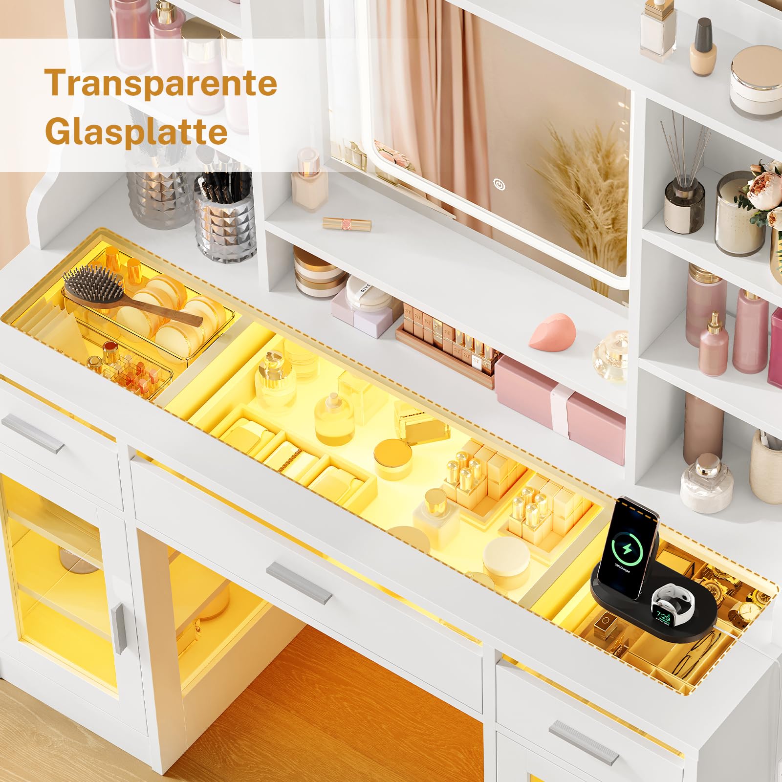 TEENFON Schminktisch mit Glasplatte, LED-Spiegel und RGB-Lichtleiste, Helligkeit Einstellbar, 3 Schubladen und 2 Schränke, inklusive Steckdosen, Für das Schlafzimmer, Weiß