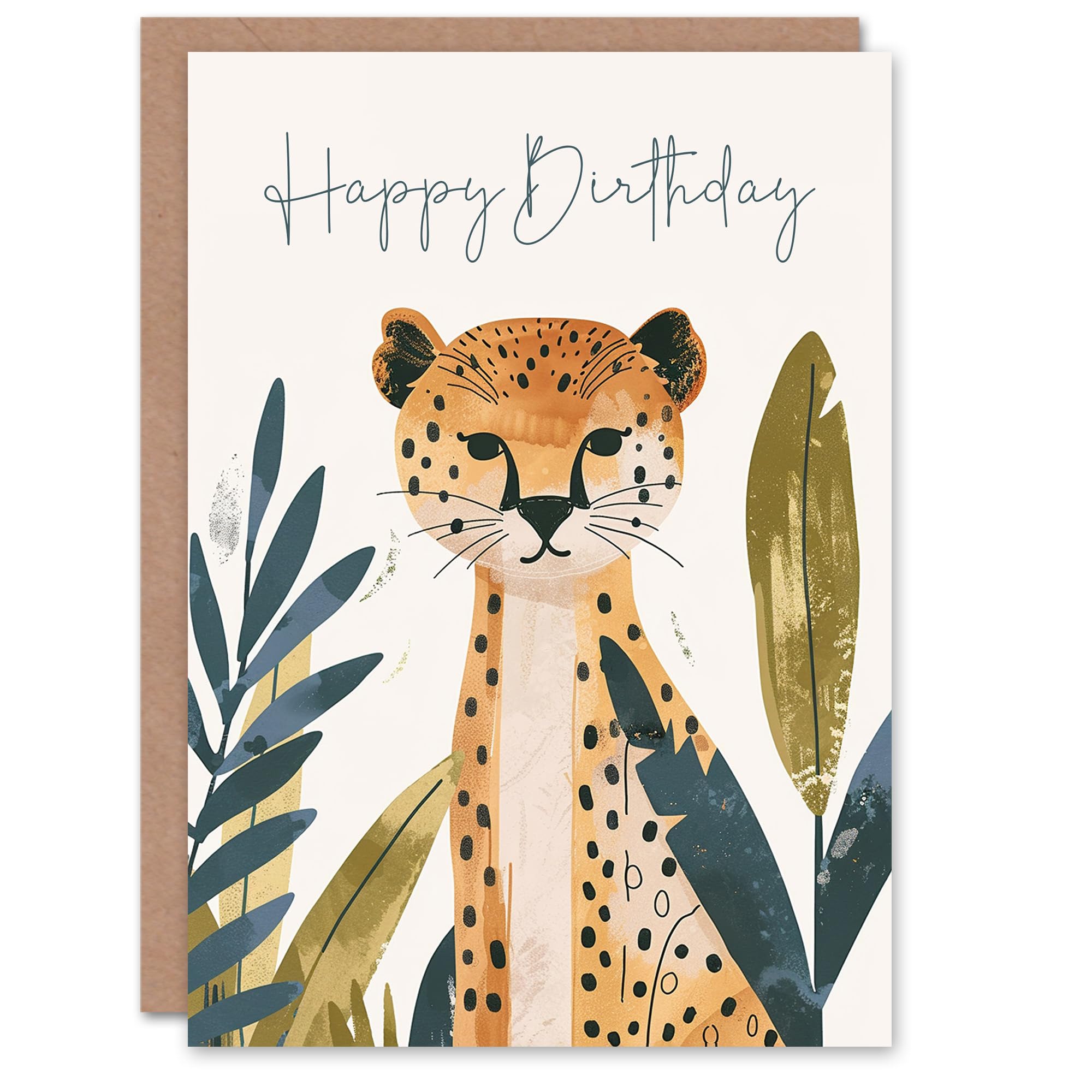 Artery8 Birthday Card Cheetah Jungle Plants Bright Illustration For Son Daughter Girl Boy Kids Happy Card