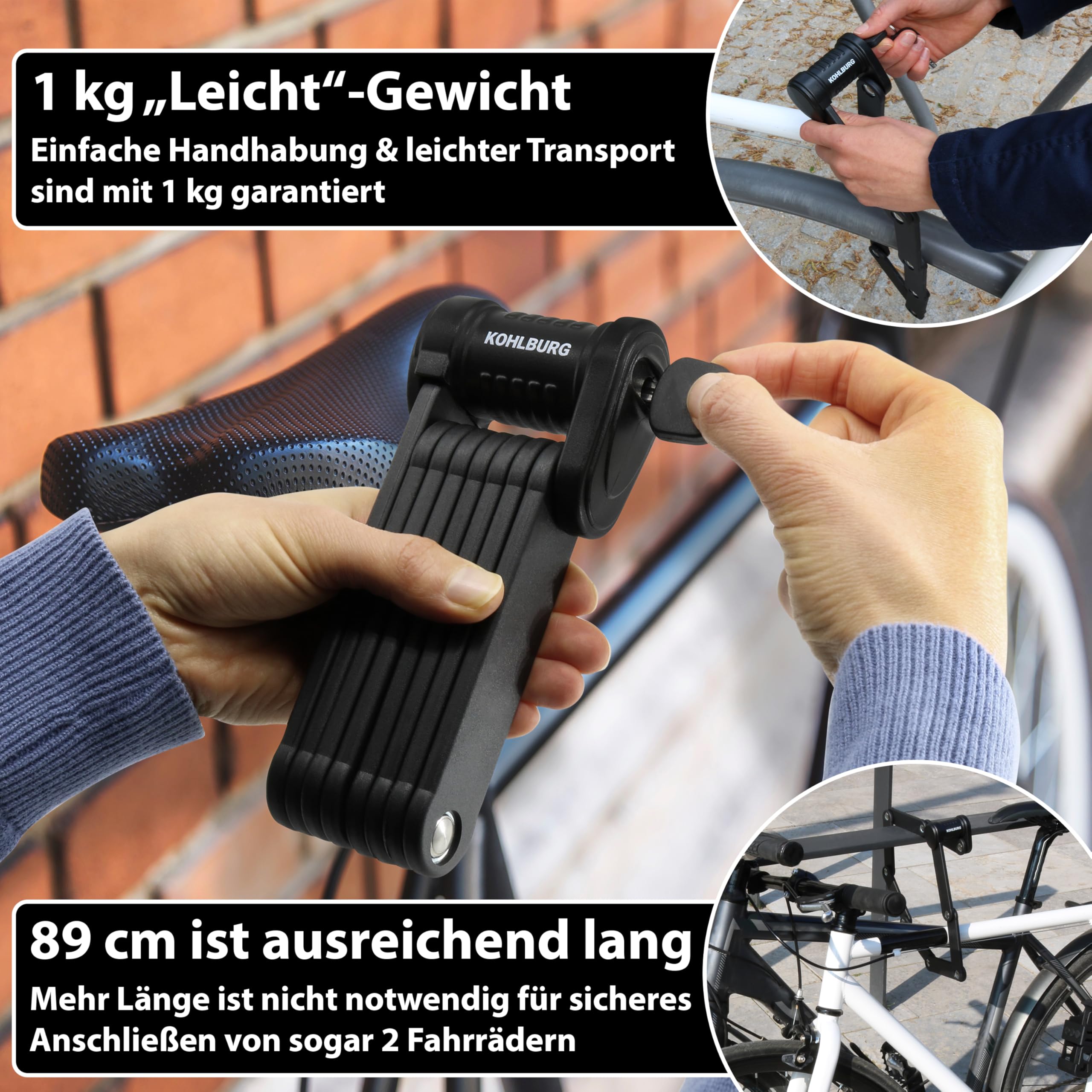 KOHLBURG Fahrrad Faltschloss höchste Sicherheit bei nur 1kg – 89cm Modell Wien – Fahrradschloss mit Halterung – sehr sicheres Fahrradschloss als e Scooter Schloss & eBike Faltschloss Fahrrad sicher