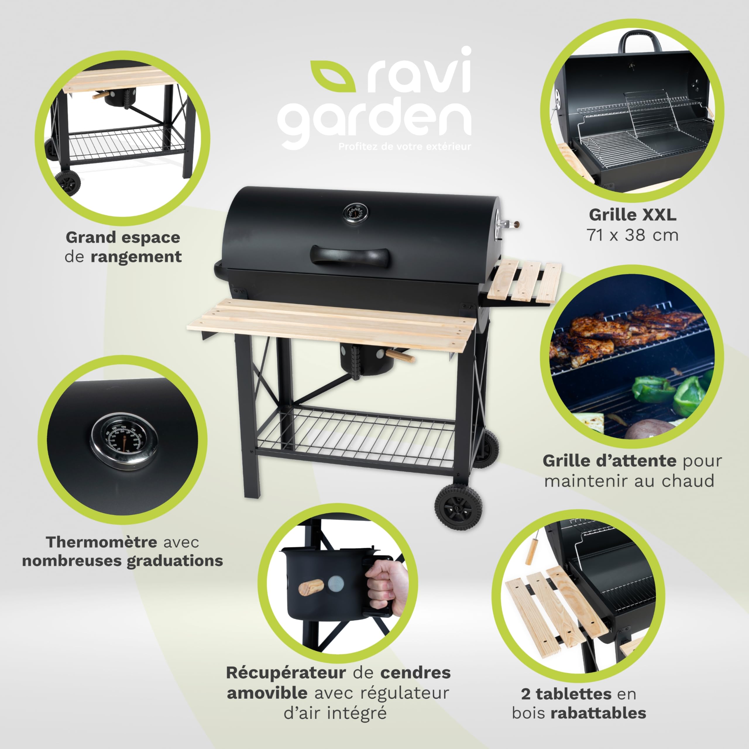Barbecue Charbon de Bois XXL avec Couvercle, Grille 71x38 cm, 2 Tablettes Rabattables, Récupérateur de Cendres