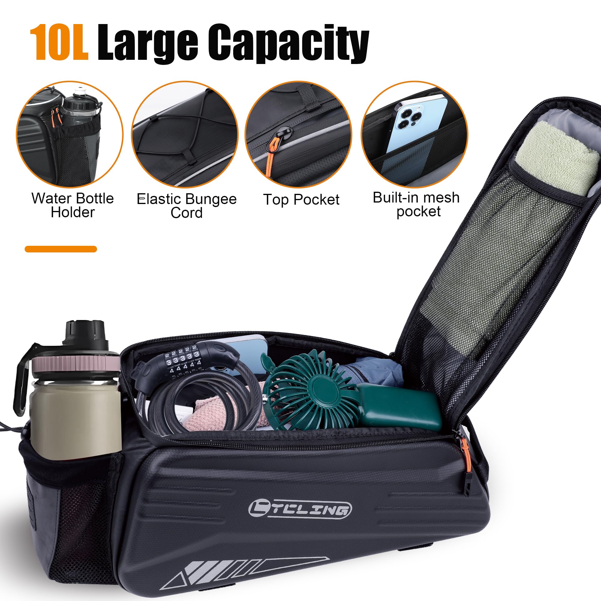 Bike Bags for Bicycle Rear Rack - 10L EVA Hard Shell Waterproof 3-in-1 Ebike Trunk Pannier Bag with Reflective Strip & Shoulder Strap for Commuter Travel Outdoor Cycling Accessories