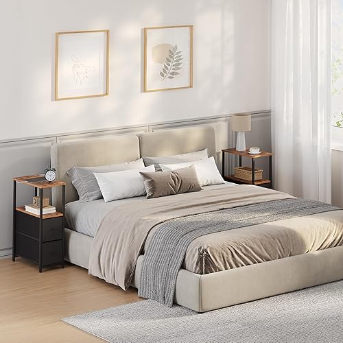 Miniatura 7 de TUTOTAK Mesa auxiliar estrecha pequeña, juego de 2, mesa auxiliar, mesita de noche con 2 cajones de tela, mesa de sofá, para sala de estar,