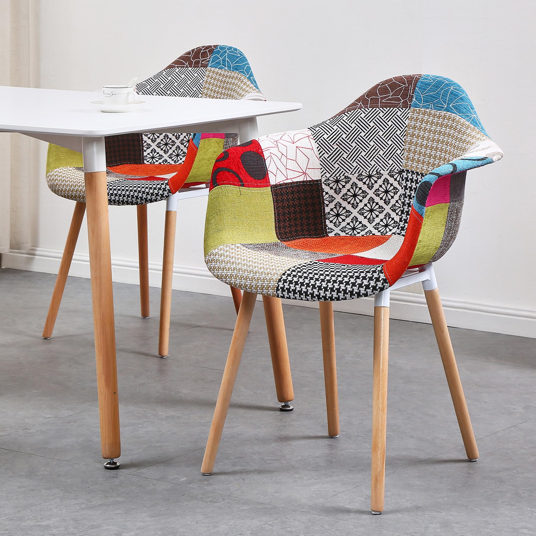Set di 2 Sedie da Pranzo Moderne, Sedie da Cucina con Gambe in Legno di Faggio, Sedie Patchwork in Tessuto per la Sala da Pranzo, il Soggiorno, la Camera da Letto, ecc. (Rosso)