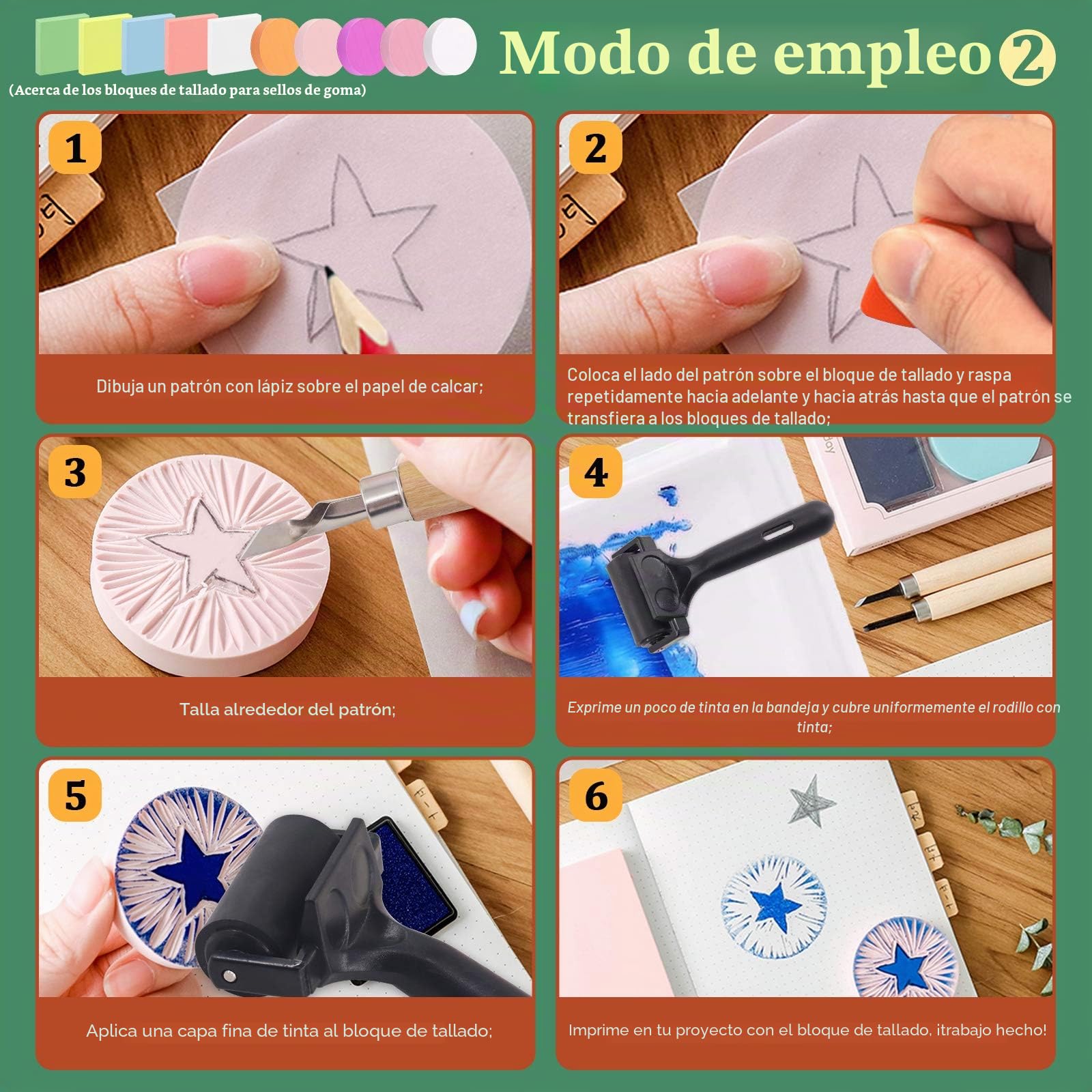 Keadic 24 piezas Kit de herramientas de inicio impresión bloques, sellos de goma que hacen el conjunto con bloques de tallado goma redondos y cuadrados,herramientas corte de linoleo y piedra molienda