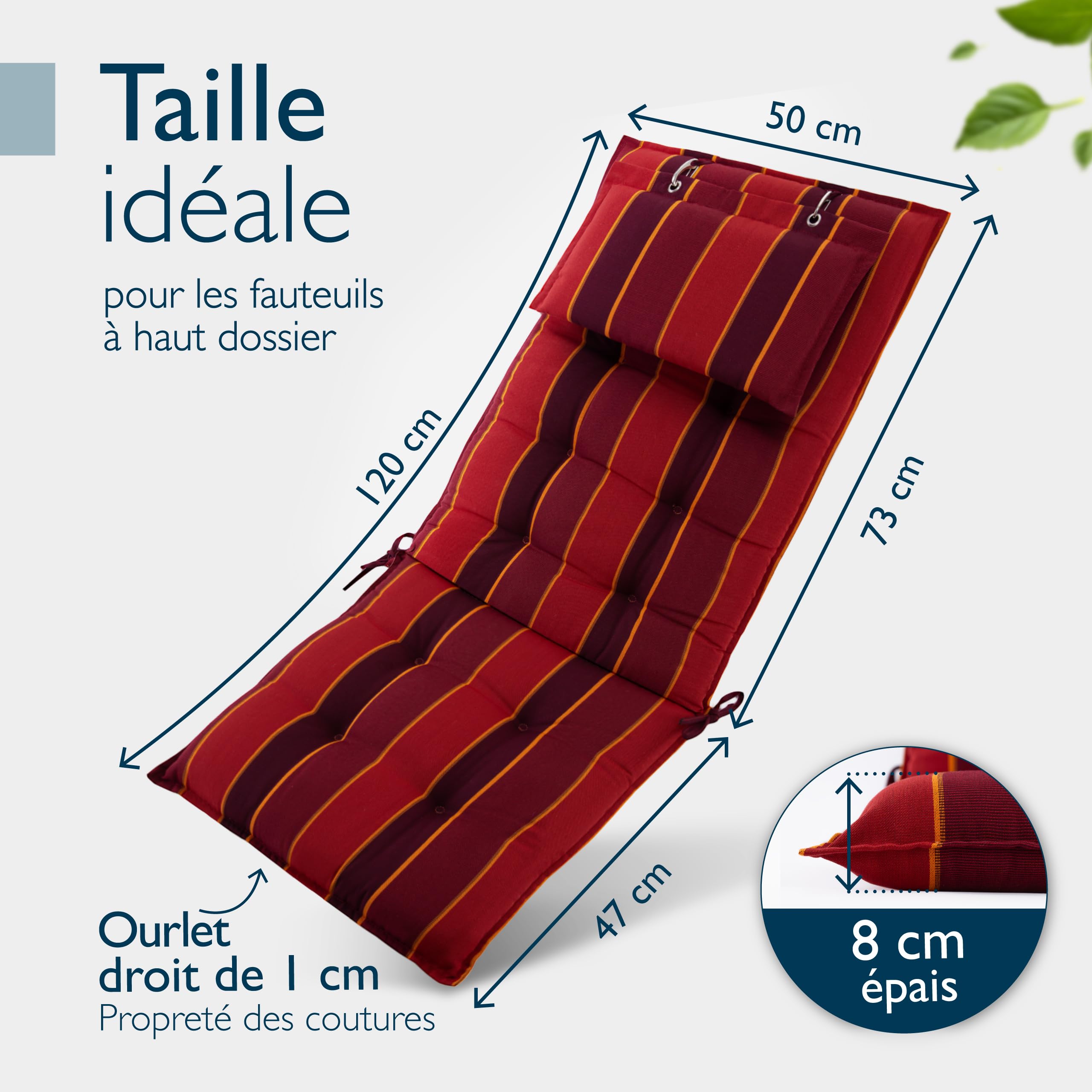 Beautissu Premium Coussin Chaise Jardin Dossier Haut 120x50 cm Sun-HL – 8 cm Épaisseur Tissu Robuste Antidérapant & Résistance aux UV – Coussin Fauteuil avec Sangles Fixation Rouge