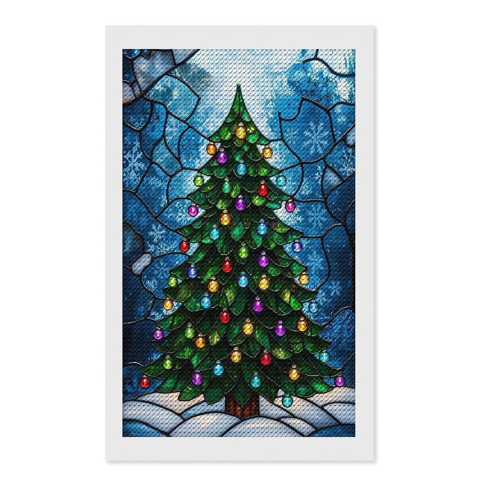Junmoney Stained Glass Christmas Tree Diamond Painting Canvas Set 12"x20", for Women, Mindful Craft Activity, Cosy Home Accent, Festive Craft Gift