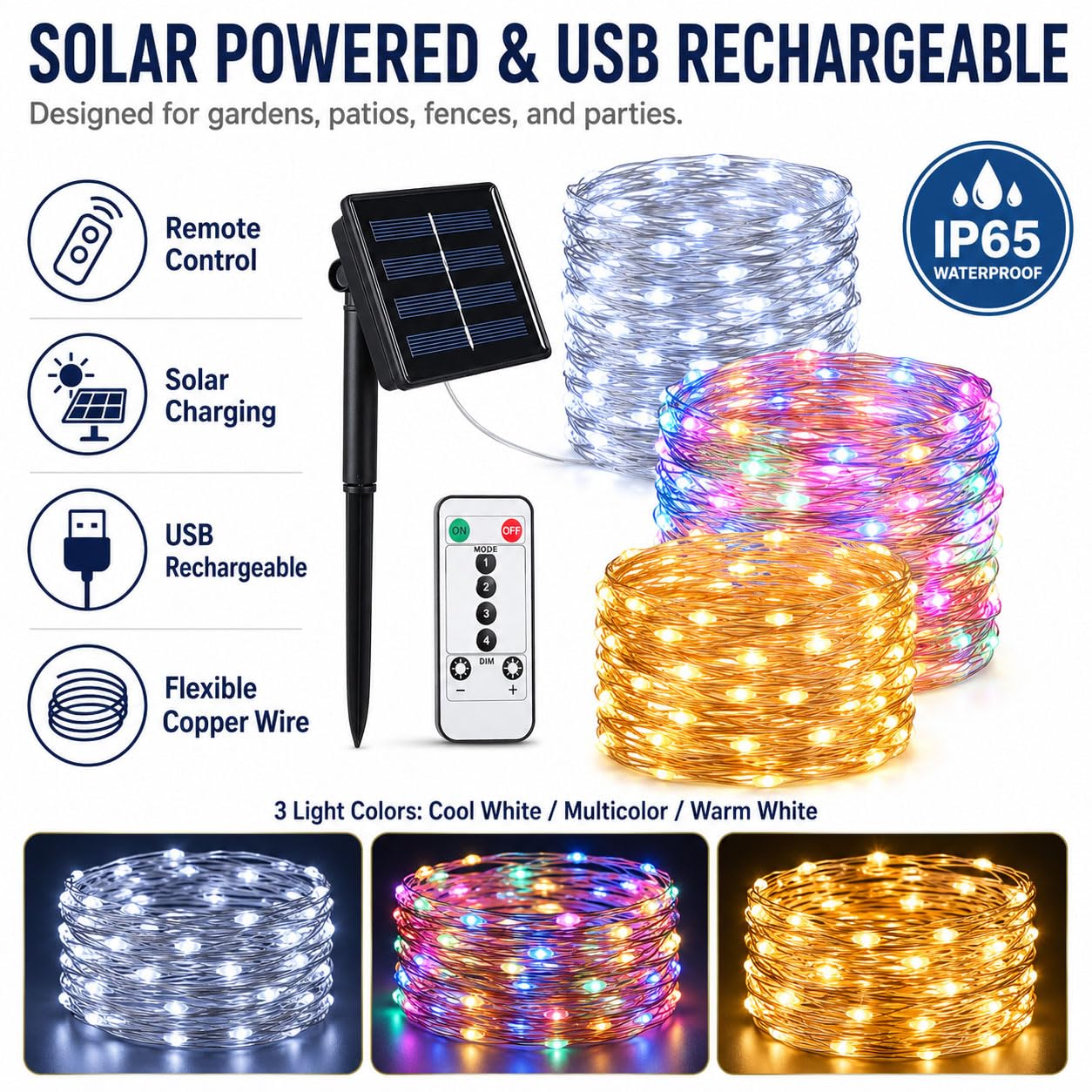 Hiseng Guirlande Lumineuse Exterieure Solaire, LED Solaire Extérieur Pour Deco Jardin Terrasse Balcon, Guirlande Guinguette Étanche 8 Modes Éclairage Pour Camping Fête (Couleur,100M)